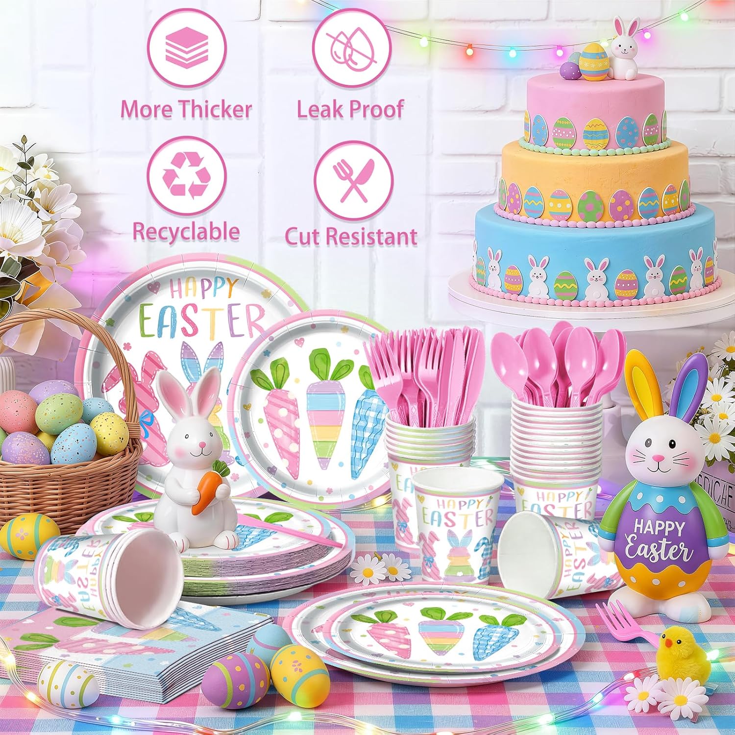 168PCS Happy Easter Plates and Napkins Set With Colorful Bunny and Carrot Easter Party Supplies Disposable rabbit Paper Dinnerware Set for Spring Birthday Egg Hunt Party, Serve 24