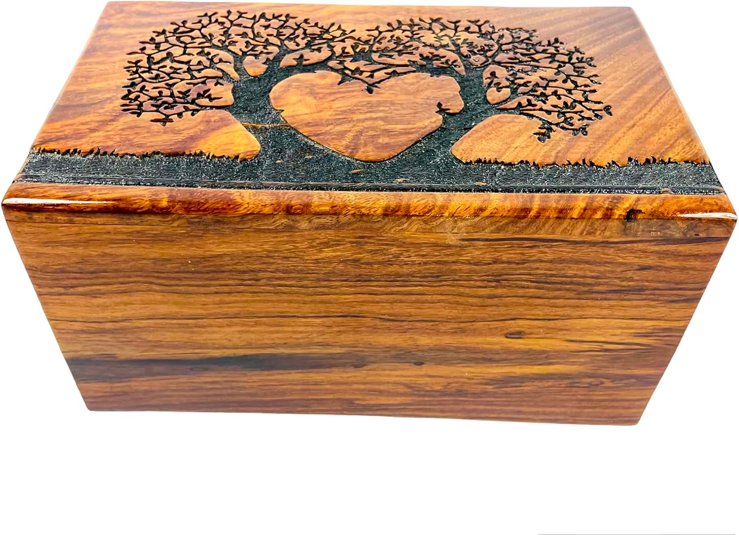 Wooden Urn for Human Ashes - Wood Urn for Adult Male Female - Tree of Life Wooden Urn for Ashes - Handmade Tree with Heart Engraved Urn (Natural Finish, Large : 9" X 5.5" X 4.5")