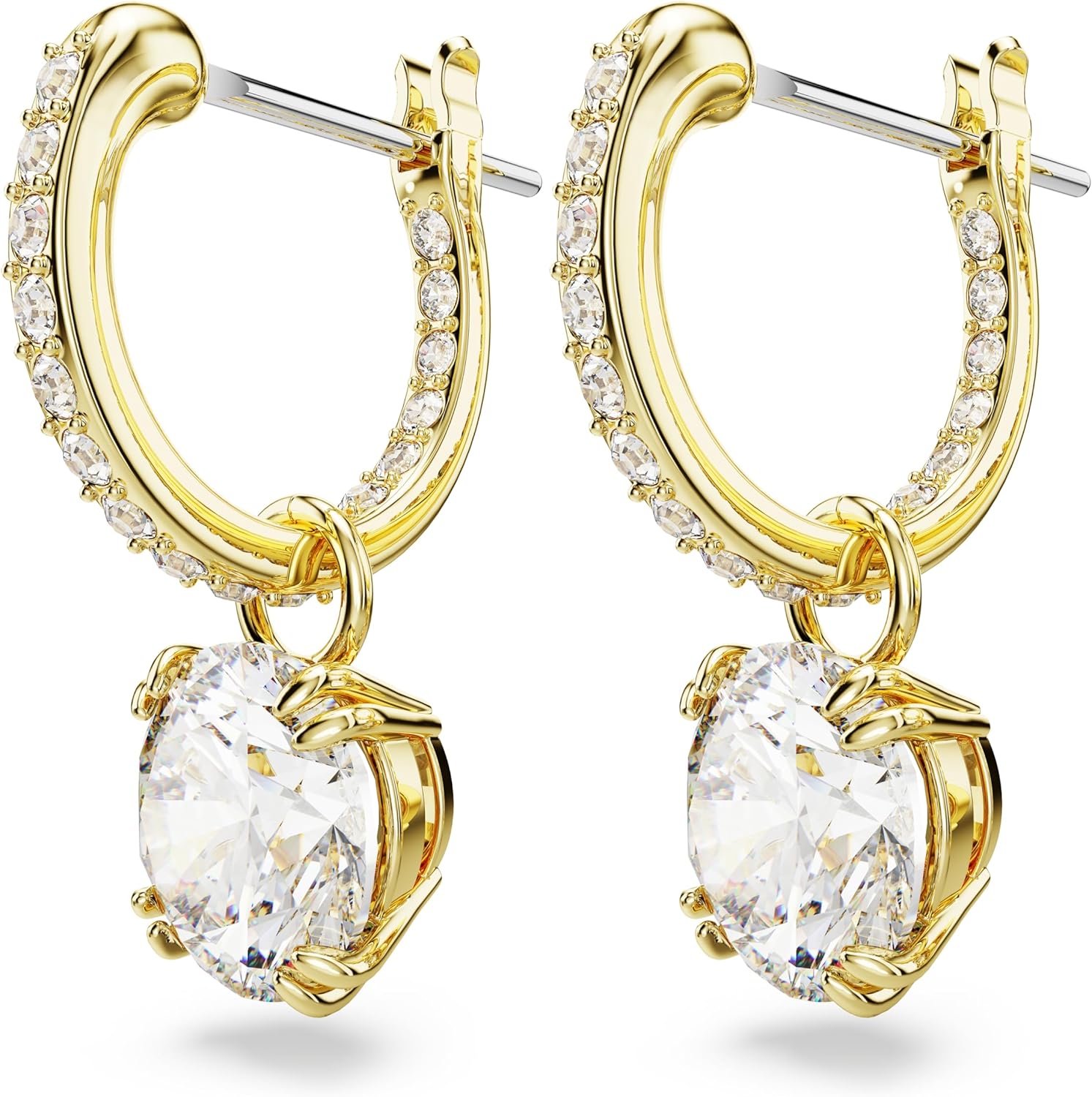 Swarovski Stilla drop earrings, Round cut, White, Gold-tone finish