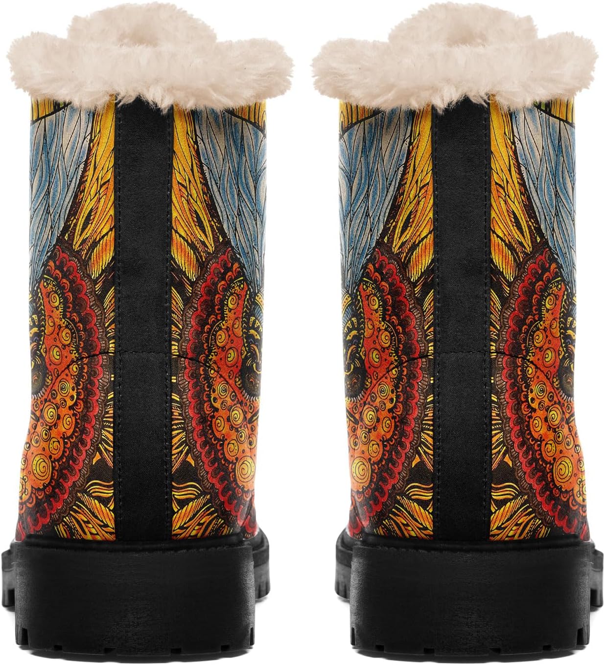 Bohemian Artistic Winter Boots for Women with Sun Moon Bee Mandala Patterns,Lace-up Cozy Snow Boots with Faux Fur Lining