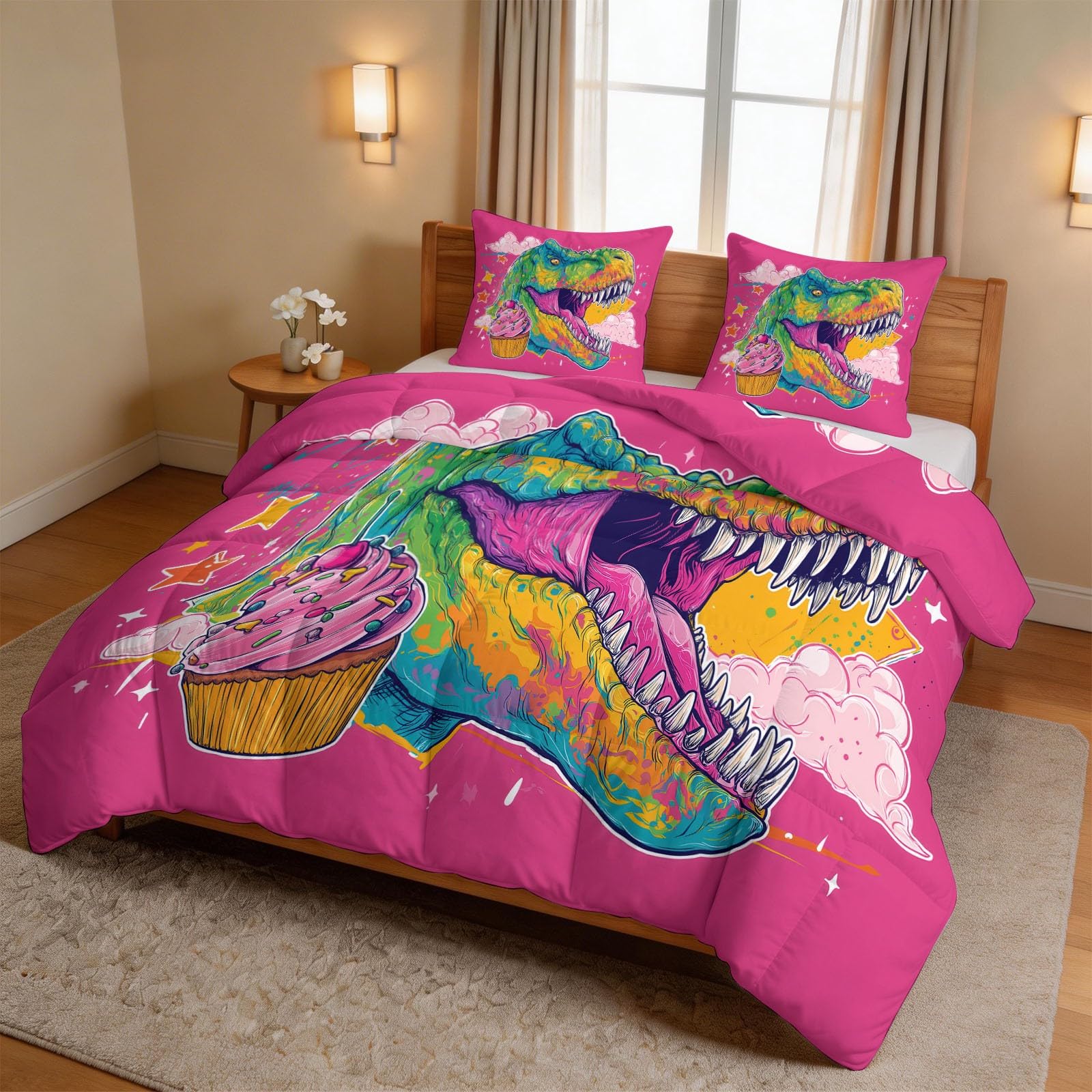 Kołdra Super King 7,5 Tog, dwustronny nadruk, kreskówkowy dinozaur T Rex, graffiti, dla dorosłych, oddychająca, miękka, całoroczna, hipoalergiczna, można prać w pralce, fioletowa, 260 x 220 cm