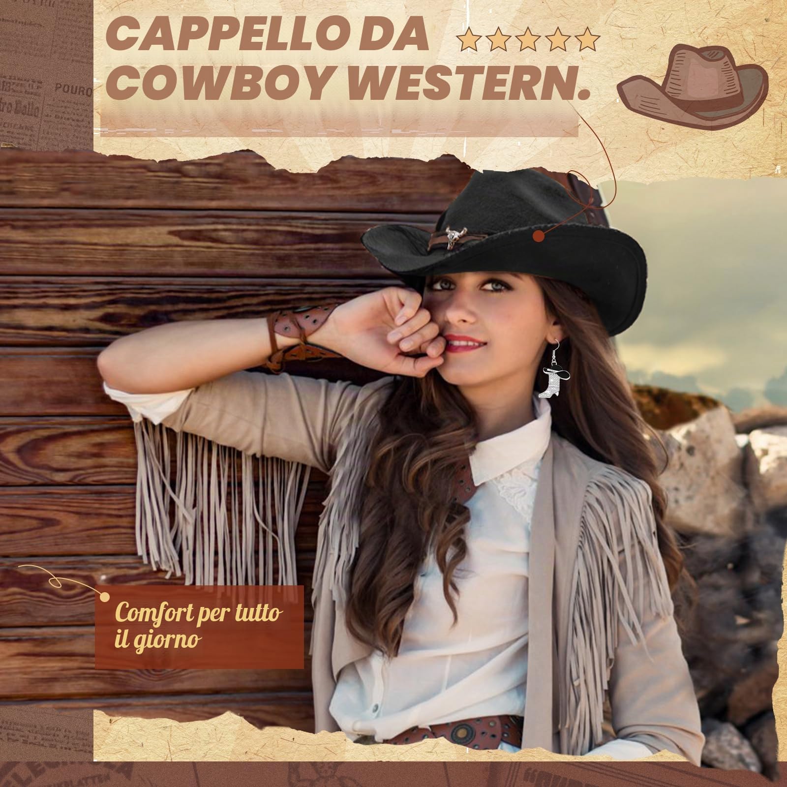 Set di 5 cappelli da cowgirl da donna, costume da cowgirl, set di accessori con cappello, collana, orecchini, cintura, bandana per Halloween, balli in maschera, cosplay, feste