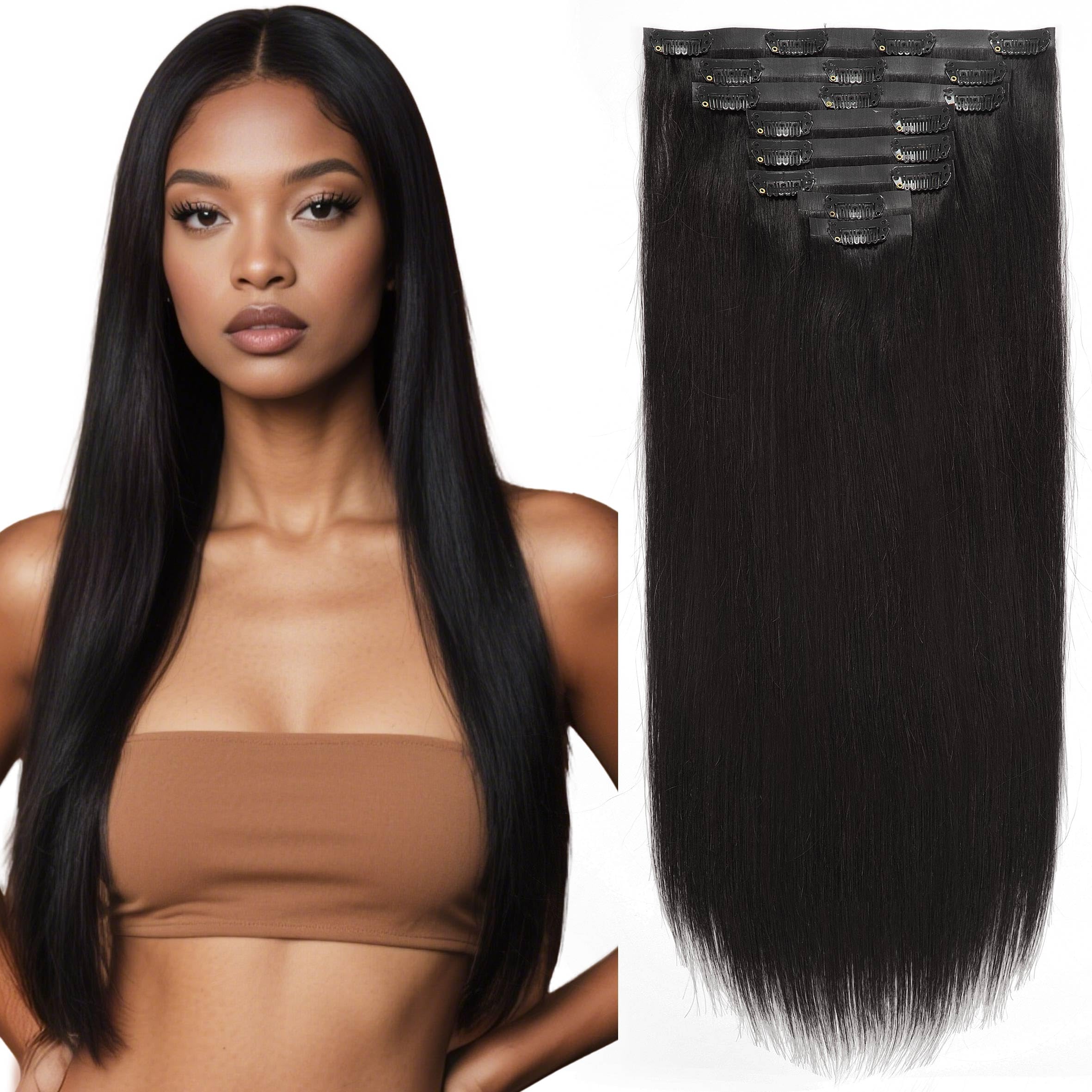 Caliee Clip in Hair Extensions for Thin Hair 8Pcs Double Weft Straight Full Head Seamless Hair Extensions Clip in Human Hair 18Inch 115G 1B Natural