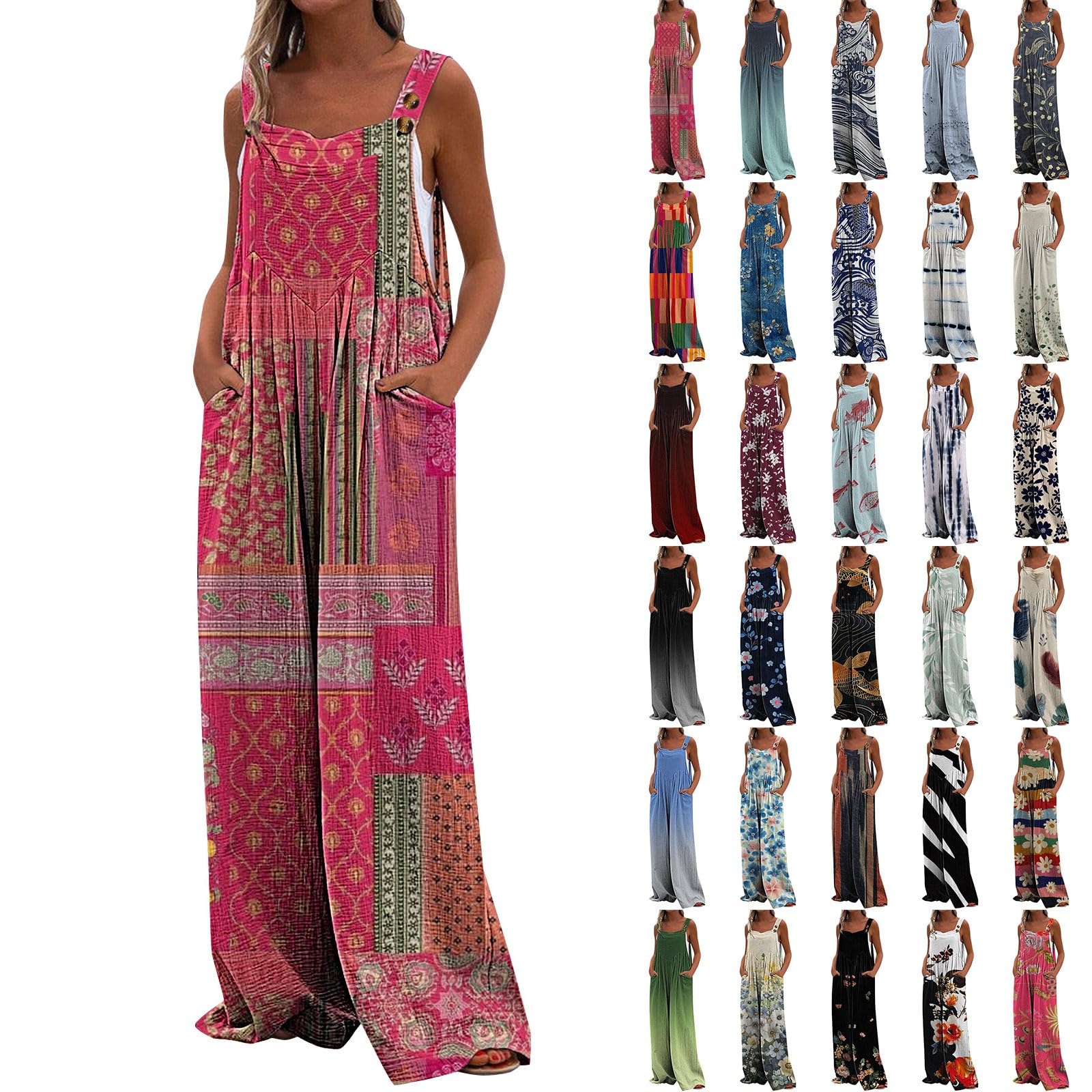 Salopette estive da donna, leggera, vintage, boho, con tasche | Pagliaccetto a gamba larga, con stampa floreale, stile casual, senza maniche, per vacanze e tempo libero