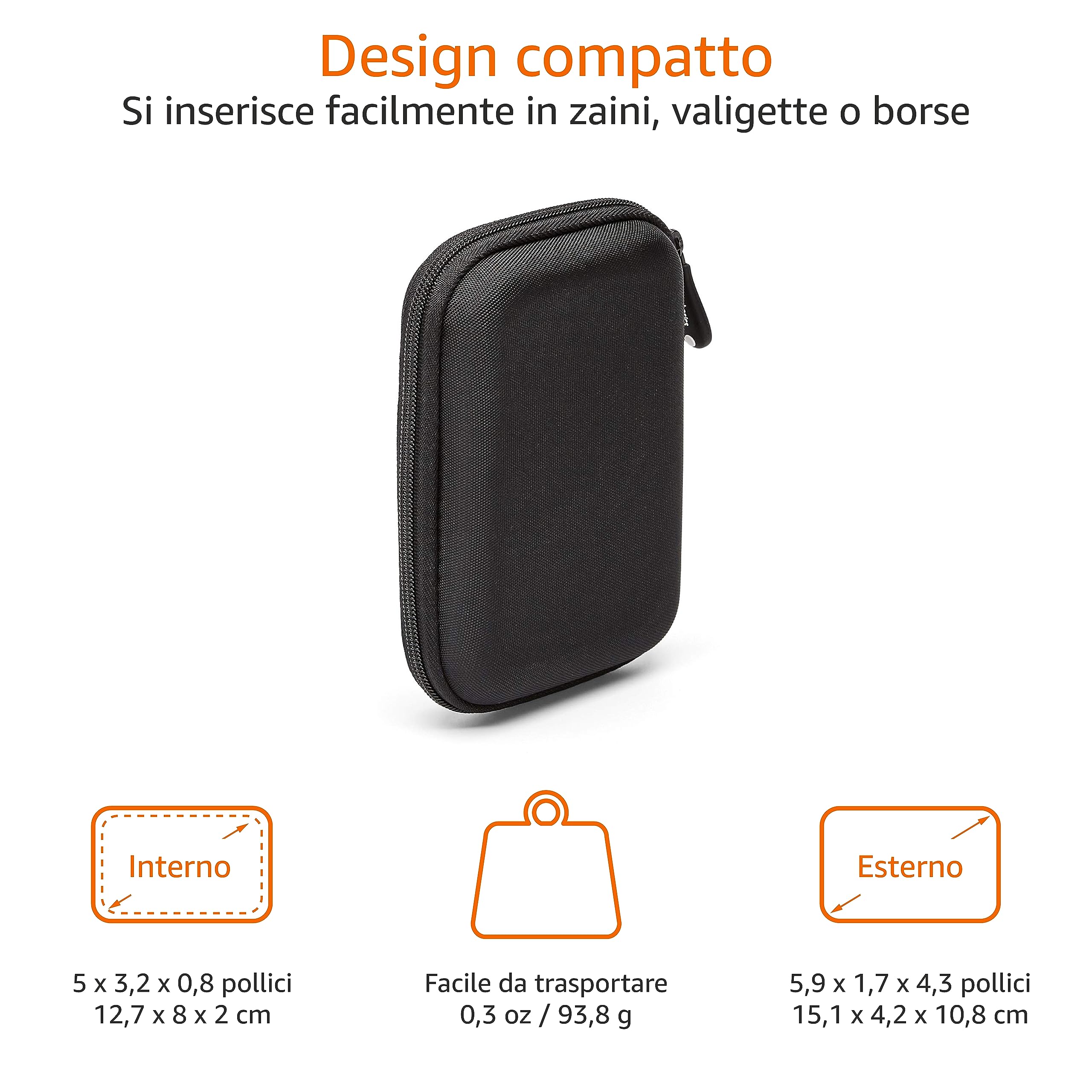 Amazon Basics Custodia per Hard Drive esterno, 14.73 x 3.05 x 10.67 cm, Nero