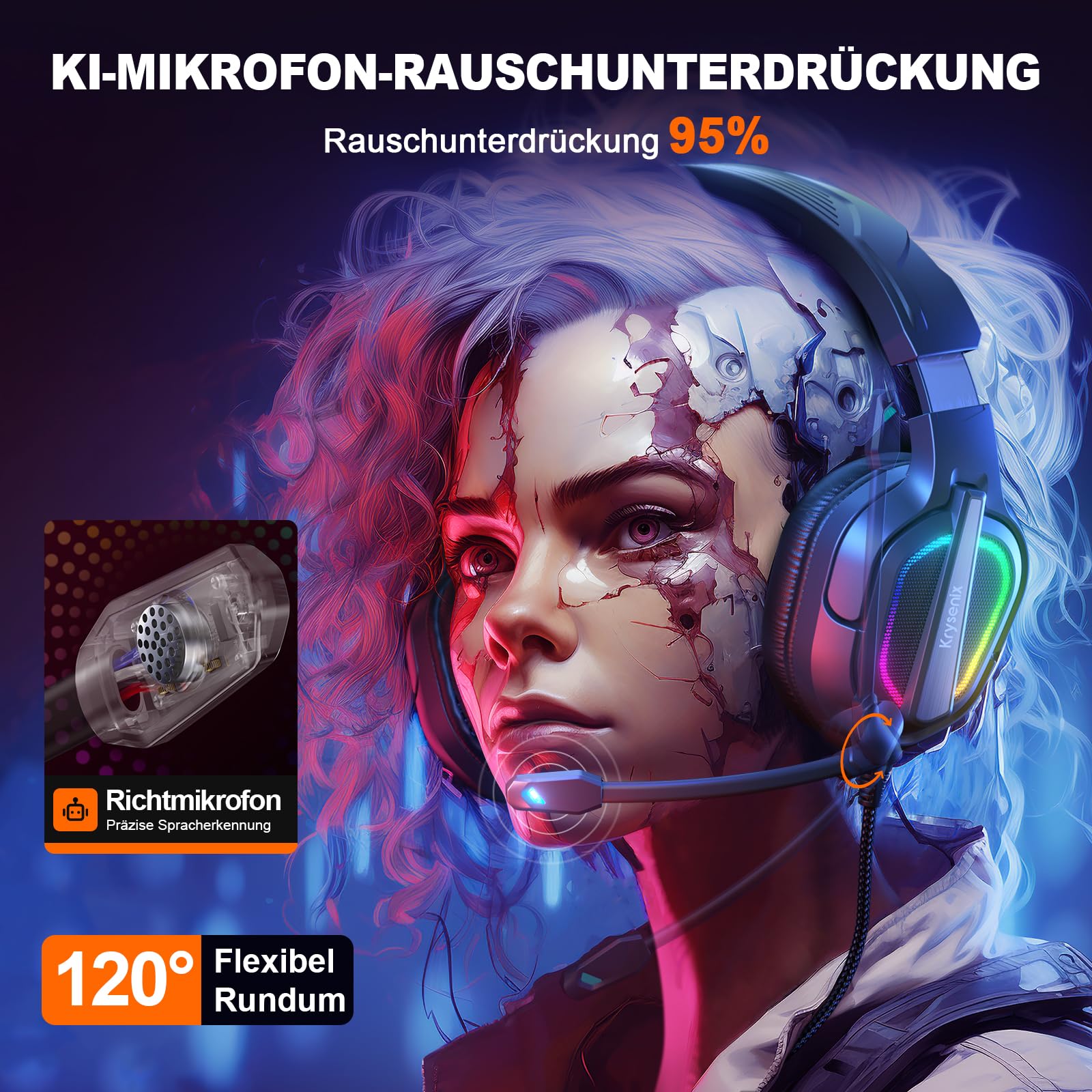 Krysenix PG2 RGB Gaming Headset für PS4, PS5, PC, Xbox,Switch,Ps5 Gaming Headset mit Mikrofon, Over-Ear Kopfhörer,Ps4 Kopfhörer mit 3,5mm Klinke,Reines Schwarz