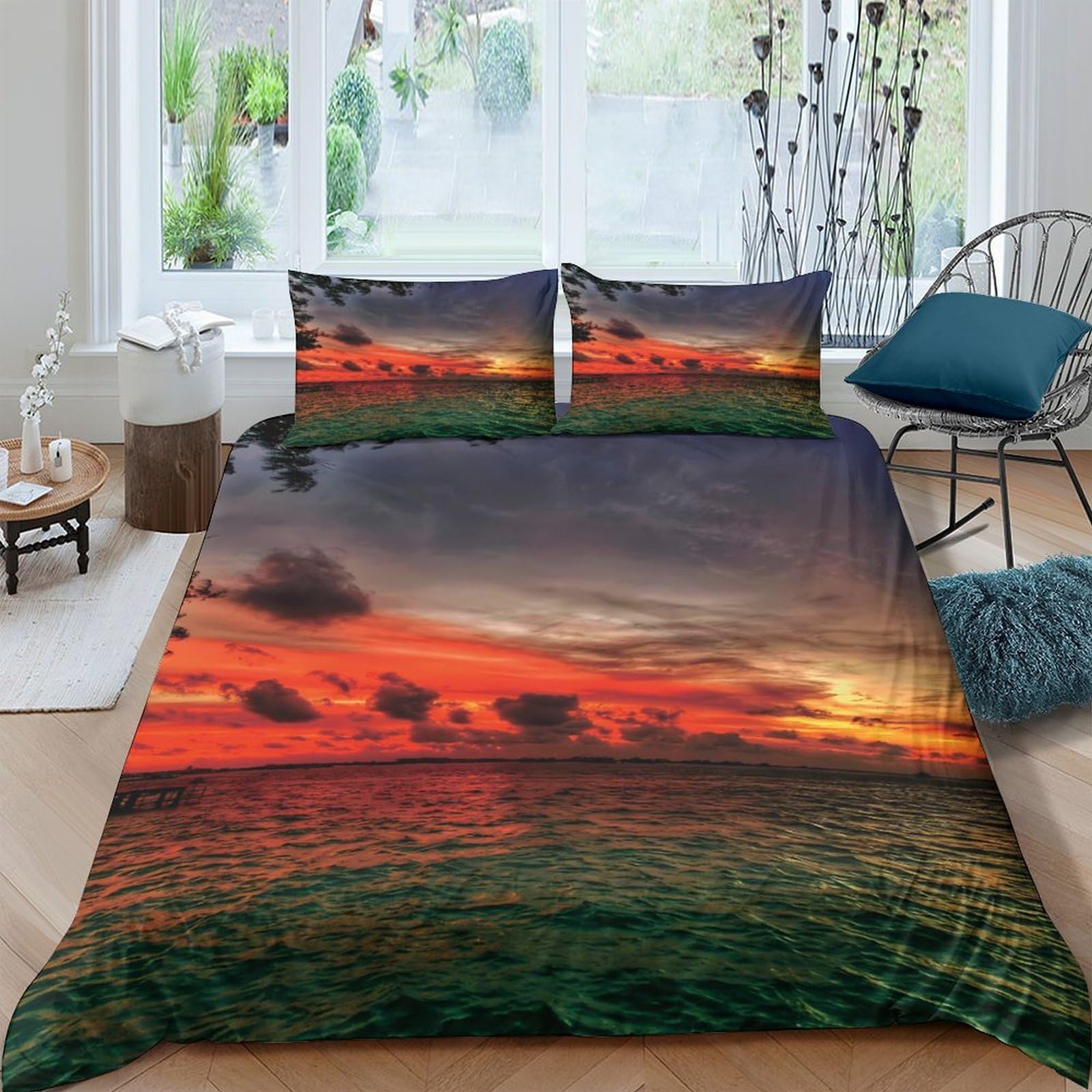 Ctjqhvkz Style-3 3D Printed Sunset Ocean Fitted Sheet Microfiber Soft Breathable Twilight Clouds Mattress Cover For Bedroom Guest Room Decor Single（135X200cm）
