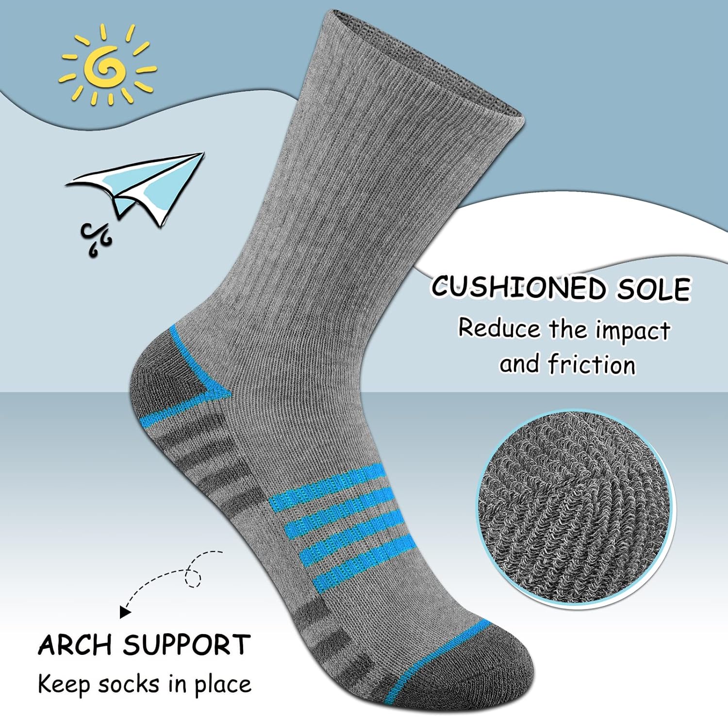 Comfoex Boys Crew Socks For Kids 4-10 Years Old Athletic Long Socks With Cushioned Sole 6 Pairs - Image 2