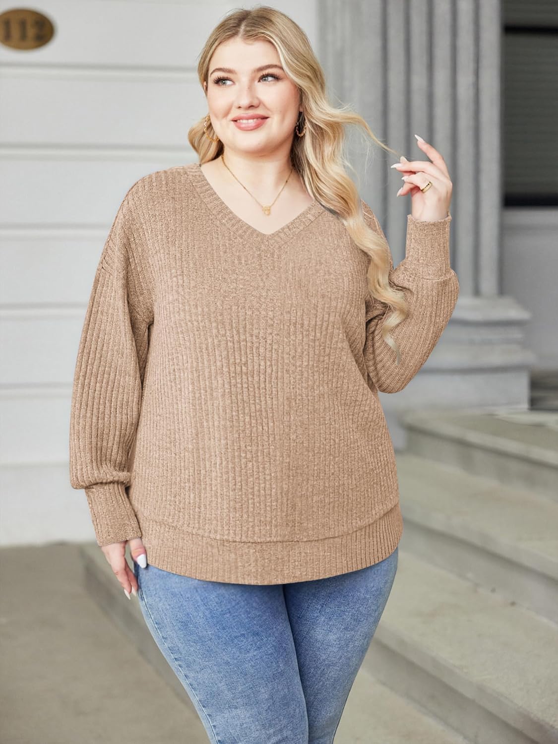IN'VOLAND Women's Plus Size Long Sleeve Shirts V Neck Casual Fall Tops Loose Fit Lightweight Sweaters Tunic Fashion 2025 - Image 2