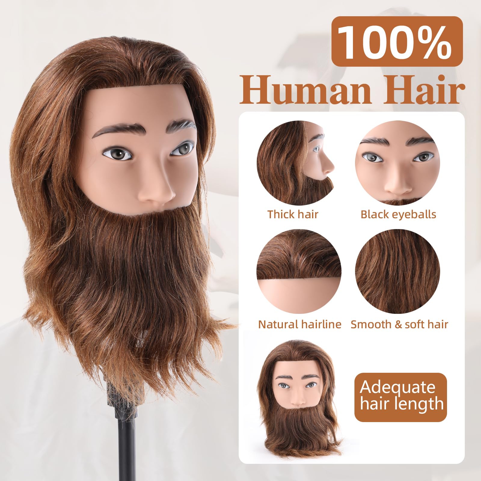 Mann Frisierkopf 100% Echthaar mit Bart Männlich Übungskopf Echthaar Friseur Kopf Puppenkopf Mannequin Kopf Mit Tischklemme + Kammsatz(19 Zoll)