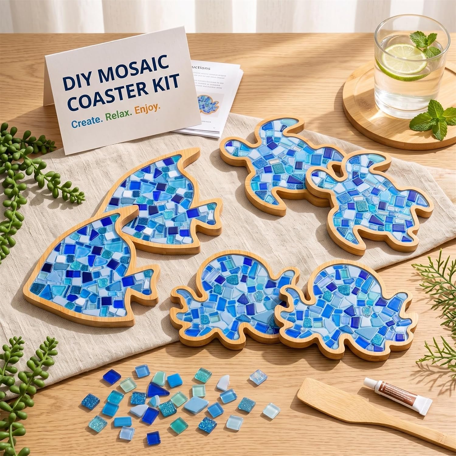 6 Sets DIY Mosaic Coaster Kit ,Mixed Color Mosaic Tiles Material Package