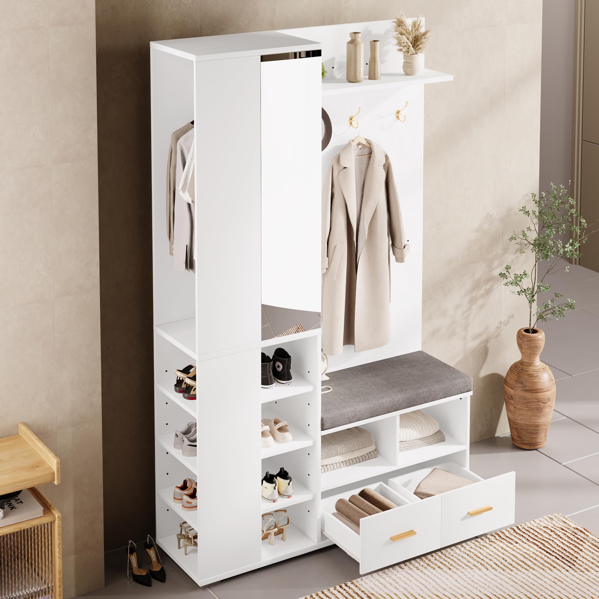 Ensemble de garde-robe avec miroir, banc à chaussures, armoire à chaussures, armoire de couloir, étagère, Gain de Place, avec 1 tiroir et 3 Crochets, pour Couloir, Chambre (Blanc, 120x35x190cm)