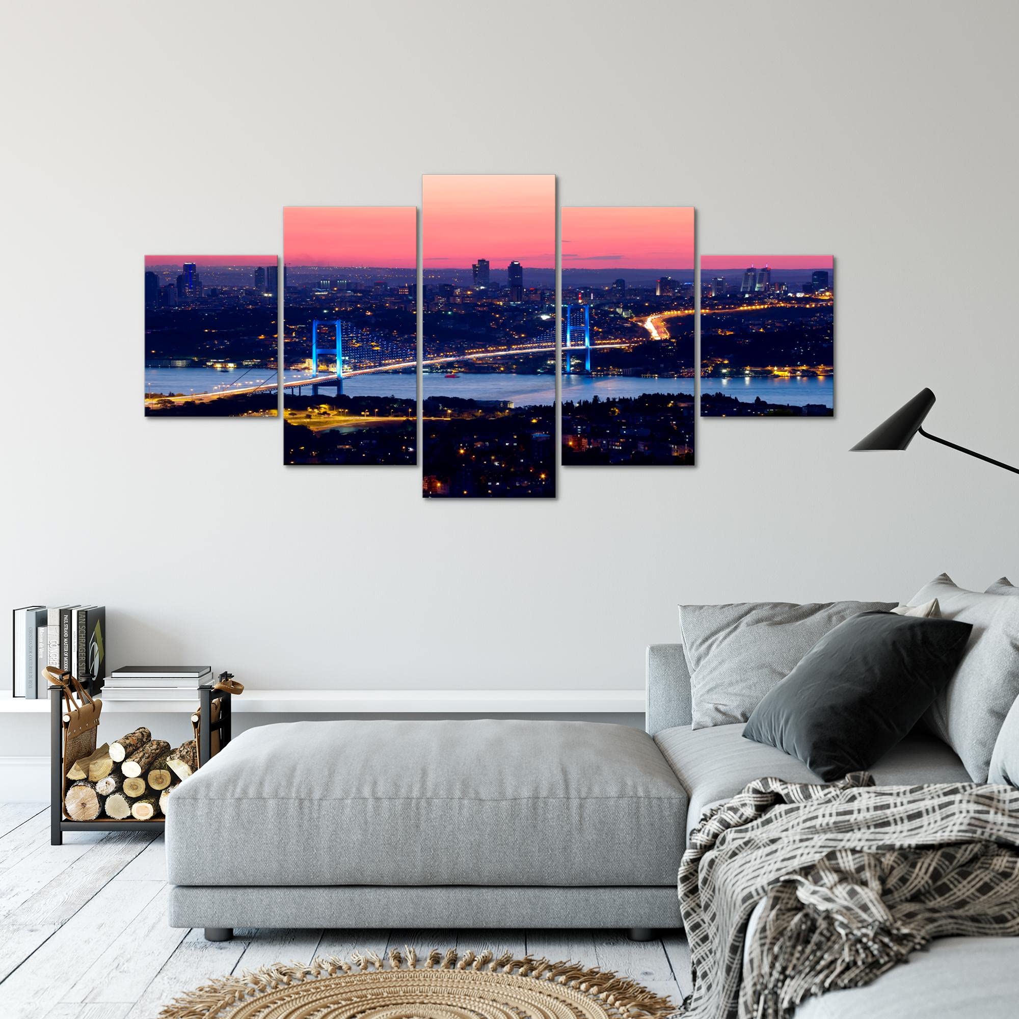 Runa Art - Tableau Istanbul Turquie 200 x 100 cm 5 Parties XXL Decoration Murale Dessin Bleu 603851a