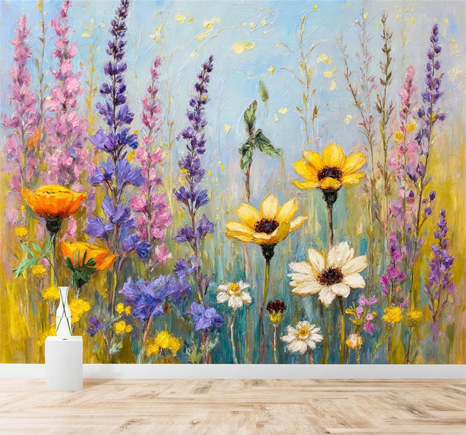 XLMING Hand Painted Watercolour Spring Colourful Wildflowers Sunflowers 3D Wallpaper Silky Texture Home Study Office Grey Dining Room Sofa Bedroom Living Room TV Backdrop-350cm×256cm