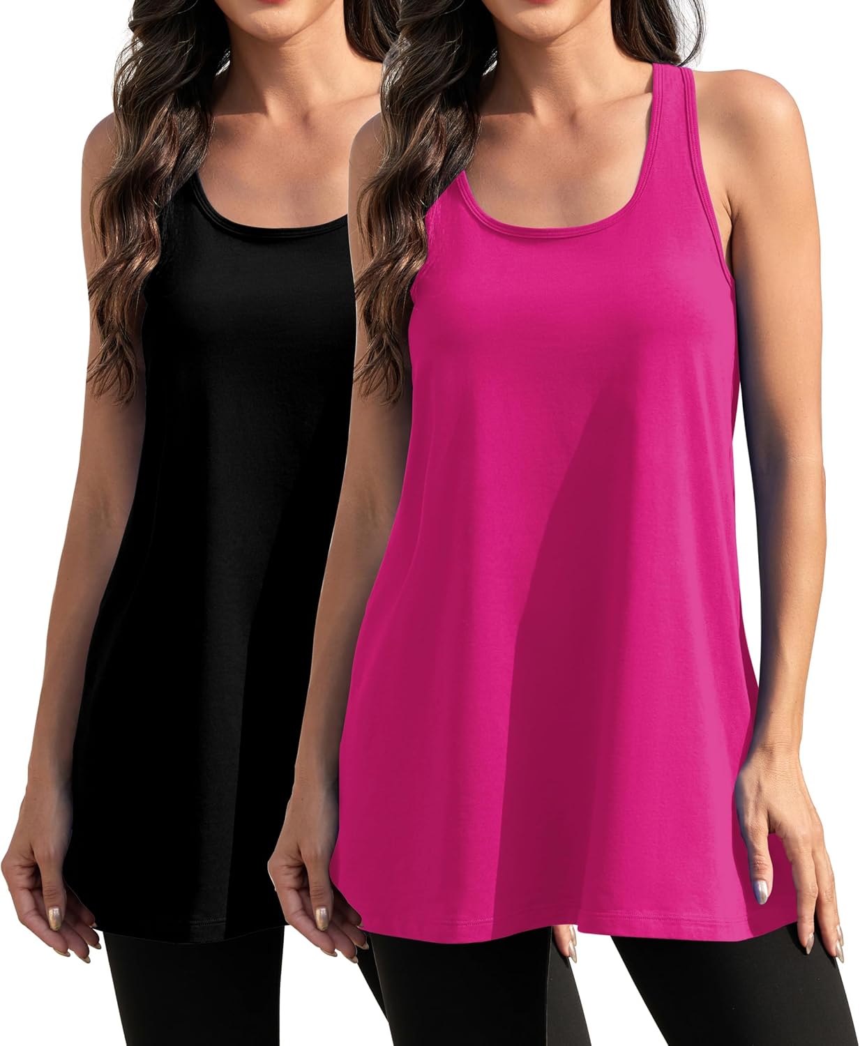 Black Extra Long Tank Tops for Women Yoga Workout Loose Fit Racerback Shirts Tunic Cotton Exercise Stretchy Camisole 2 Pack