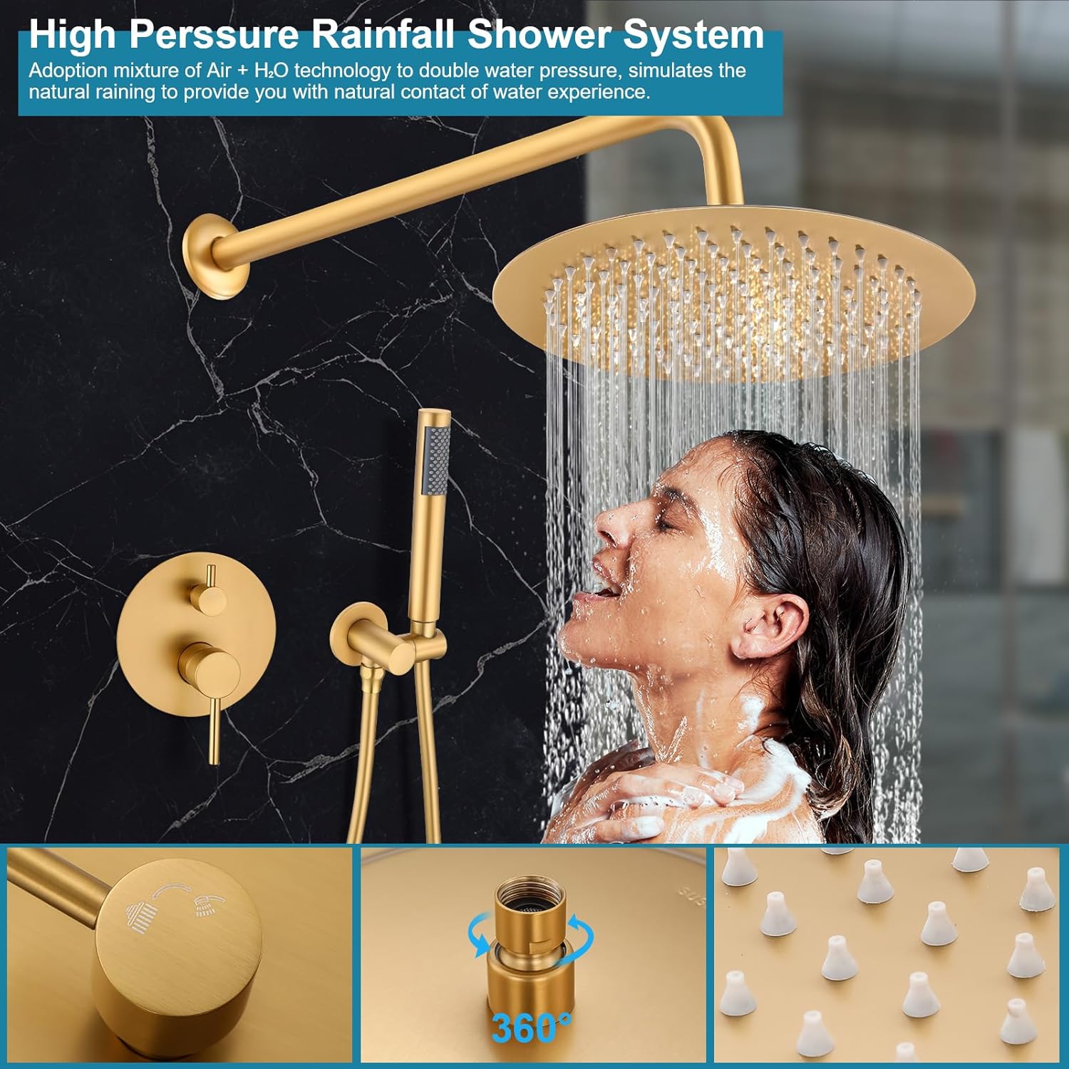 Brushed Gold Shower Faucet Set, Bathroom Rainfall Shower System Fixture 10 Inch High Pressure Round Rain Shower Head with Handheld Sprayer Combo Wall Mount with cUPC Certified Rough-in Valve - Image 3