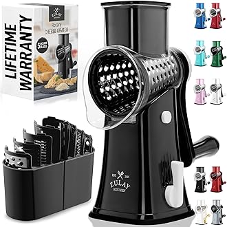 Cheese Grater Hand Crank - Grater For Kitchen With Reinforced Suction - Rotary Cheese Grater With 5 Replaceable Stainless Steel Blades - Easy to Use & Clean - Vegetable Cutter - Black