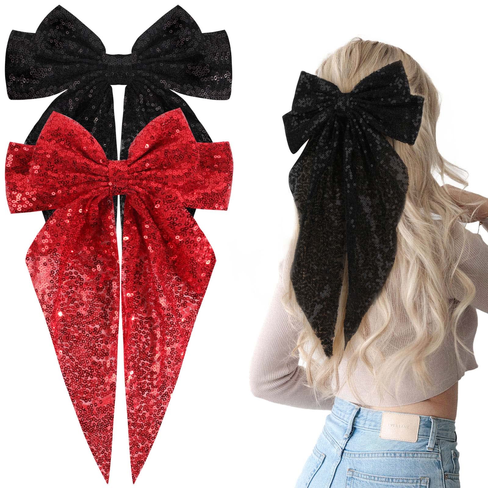 2Pcs Big Glitter Layered Hair Bows for Women Girls 8 Inch Barrette Hair Clip Black Red Sparkly Large Long Bows Style Hair Accessories (Black+Red)
