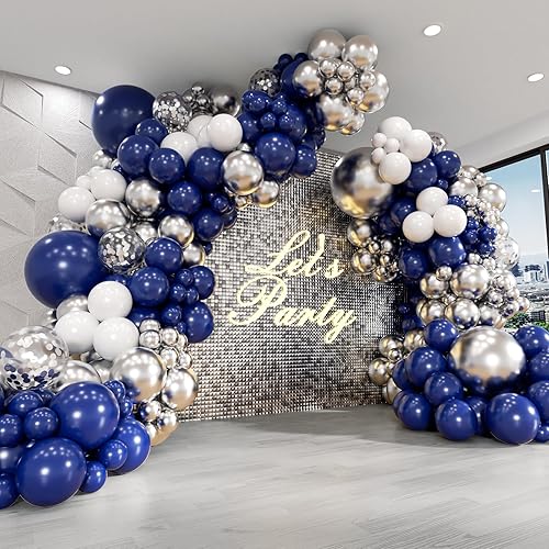 FOTIOMRG Kit de arco de guirnalda de globos de color azul marino y plateado, globos azul rey metálico plateado y blanco para cumpleaños, baby