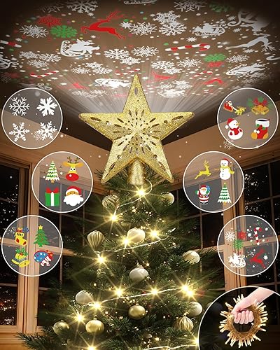 Miniatura 42 de Decoración para árbol de Navidad iluminada con 6 patrones proyectados, estrella de Navidad con luces giratorias LED integradas, proyector