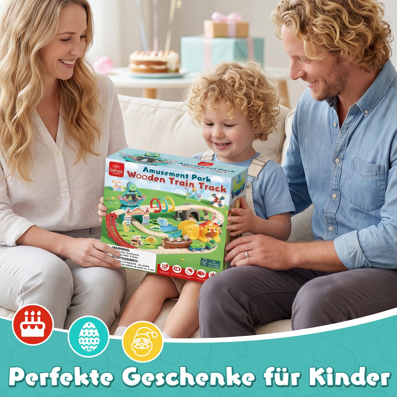 Lehoo Castle Holzeisenbahn, Dinosaurier Lokomotive, Freizeitpark Holz Eisenbahn Kinder mit Löwentunnel, Holzeisenbahn Zubehör, Holzspielzeug für Kinder ab 3 Jahren
