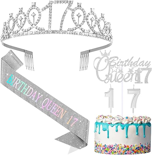 Crowye Decoraciones para fiesta de 17 cumpleaños de reina, banda de corona de tiara de 17 cumpleaños, reina, 17 decoraciones para tartas,
