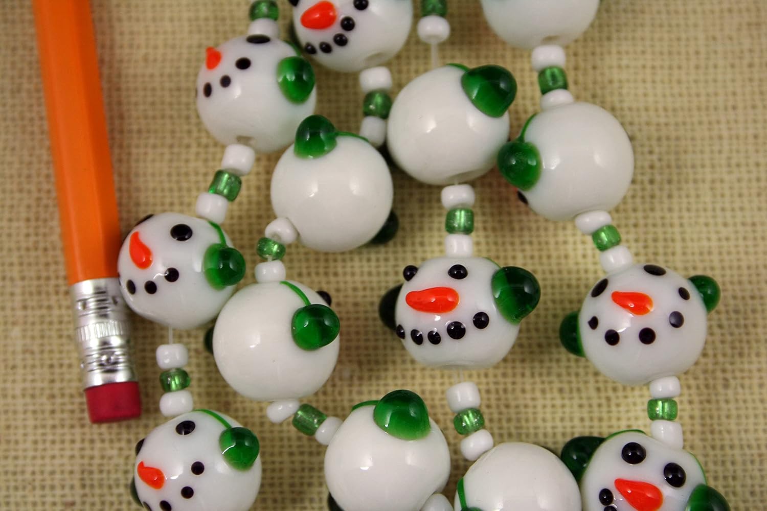 Christmas Cute Snowman(Green Earmuffs) Lampwork Glass Beads(Pack of 12 Beads)