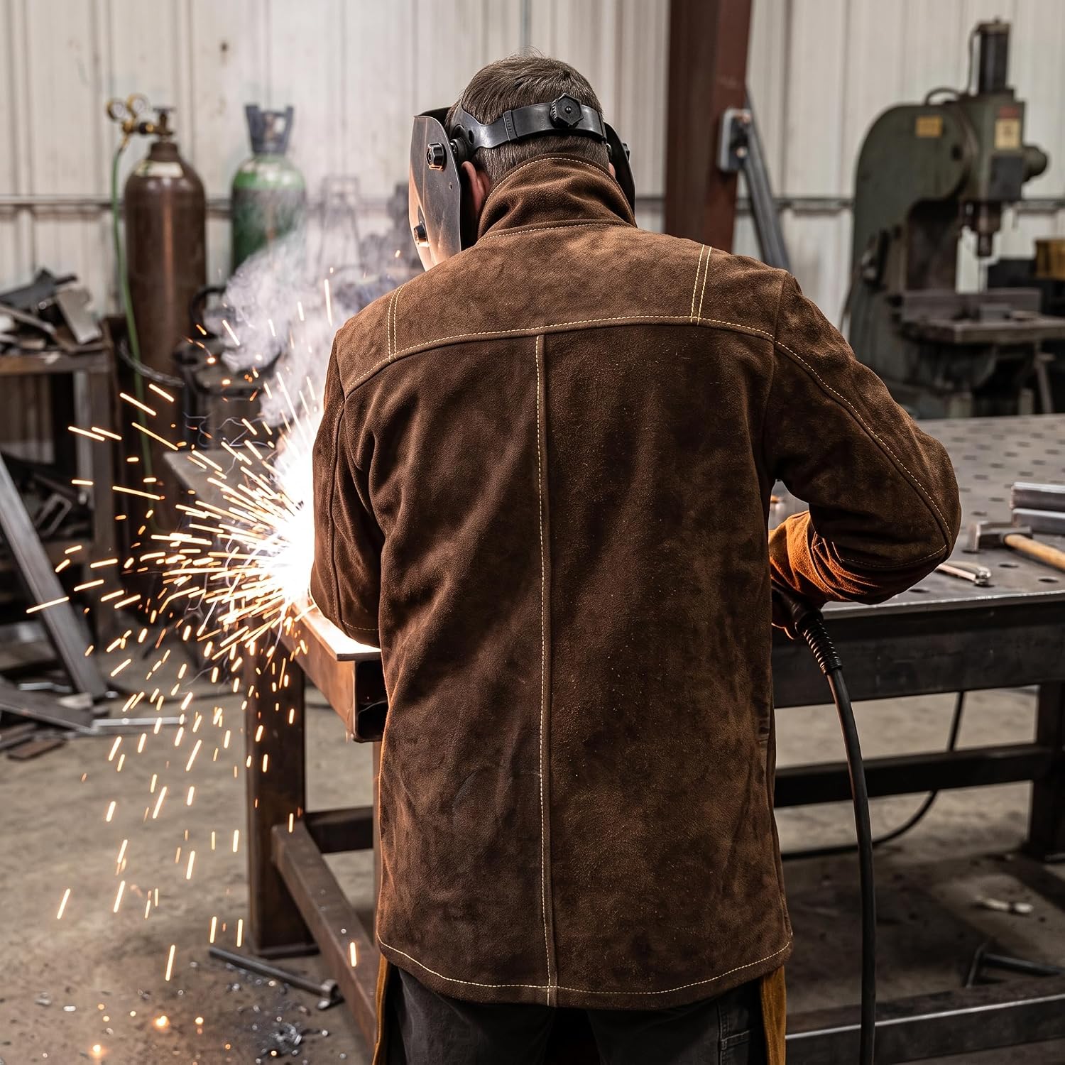 Welding Jacket for Men Cowhide Leather Heat Flame Resistant Heavy Duty Coat