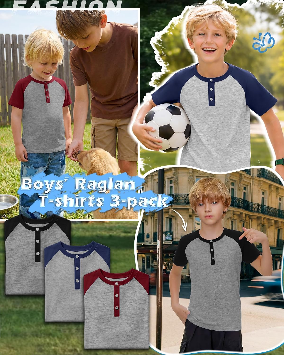 3 Pack Boys Short Sleeve Raglan T Shirts Kids Henley Shirt Basic Baseball Tops 5-14 Years