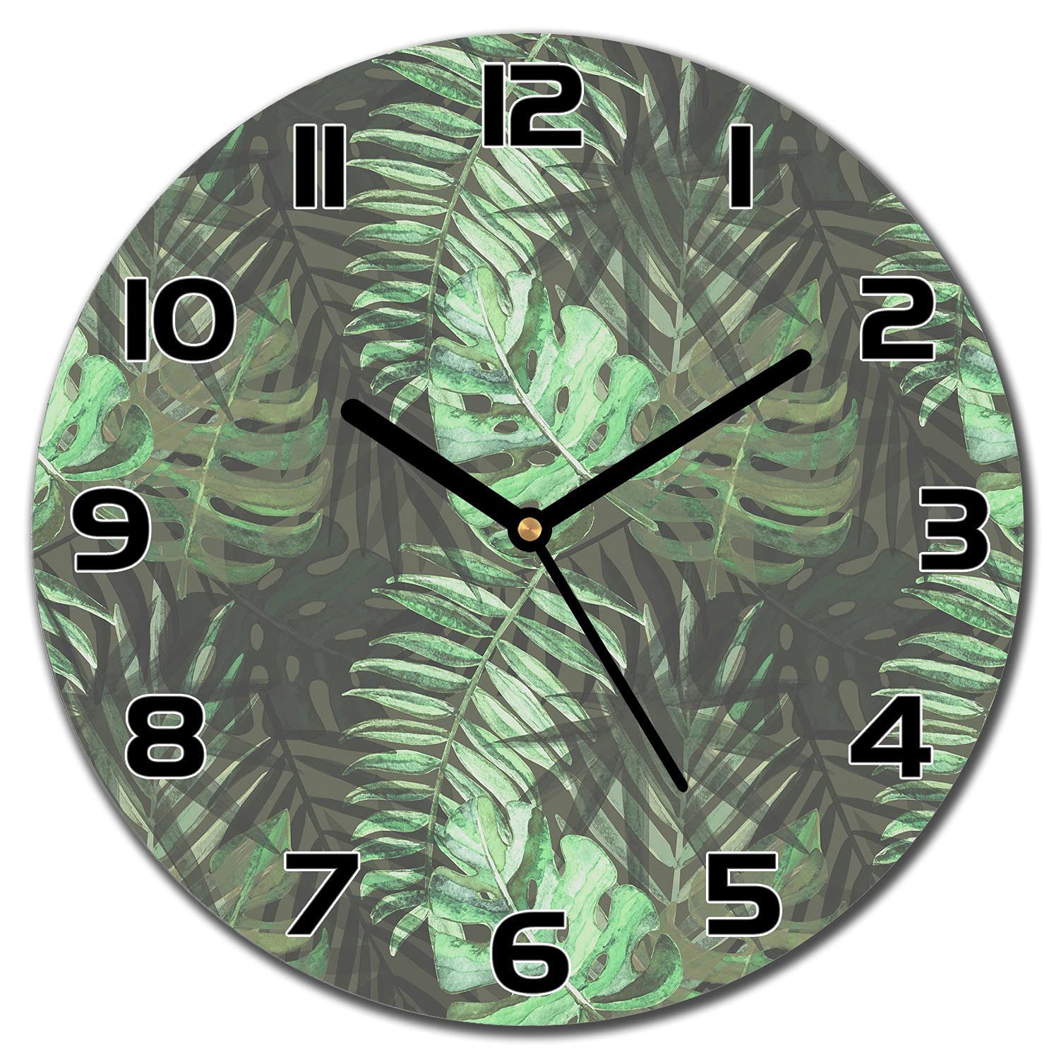 Horloge en verre murale cuisine salon Coloray 30cm aiguilles noires impression moderne monstera