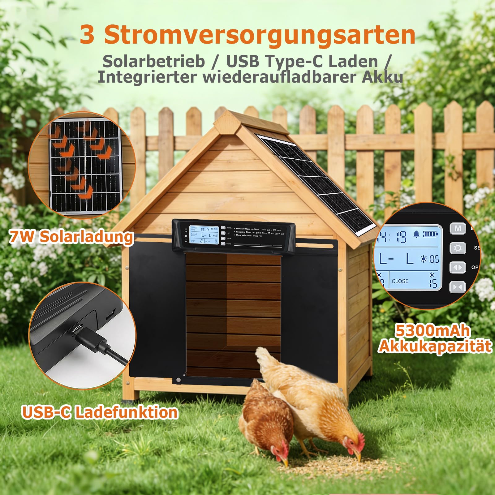 Größe Automatische Hühnerklappe Solar, Seitlich Öffnende Doppelschiebetür, Elektrische Hühnerklappe Automatisch Hühnertür mit Timer, Lichtsensor, Fernbedienung, Intelligenter Einklemmschutz