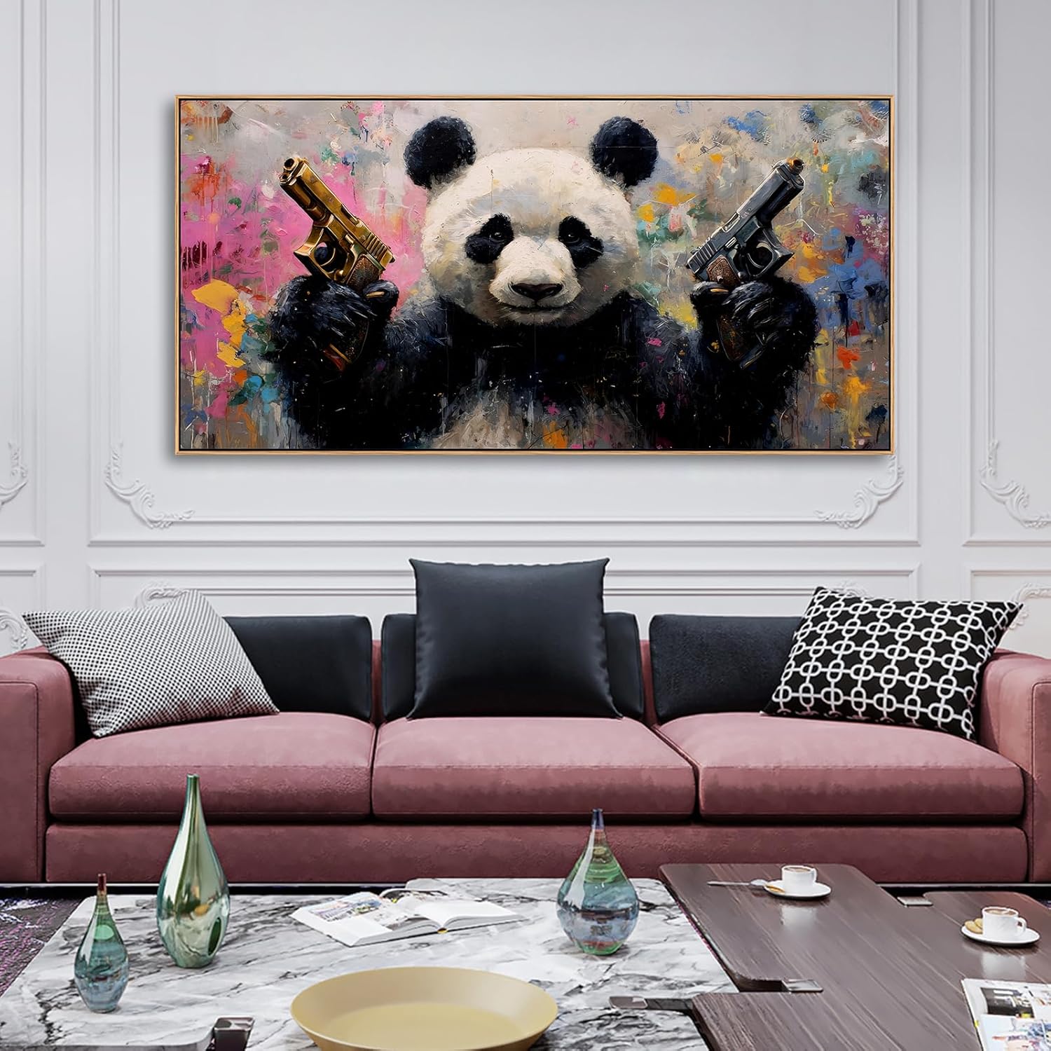 Sorbrozo Abstract Panda Canvas Wall Art - Vibrant Pop Art Animal Painting with Colorful Brushstrokes Modern Frame Wall Decor for Living Room Bedroom 20x40in