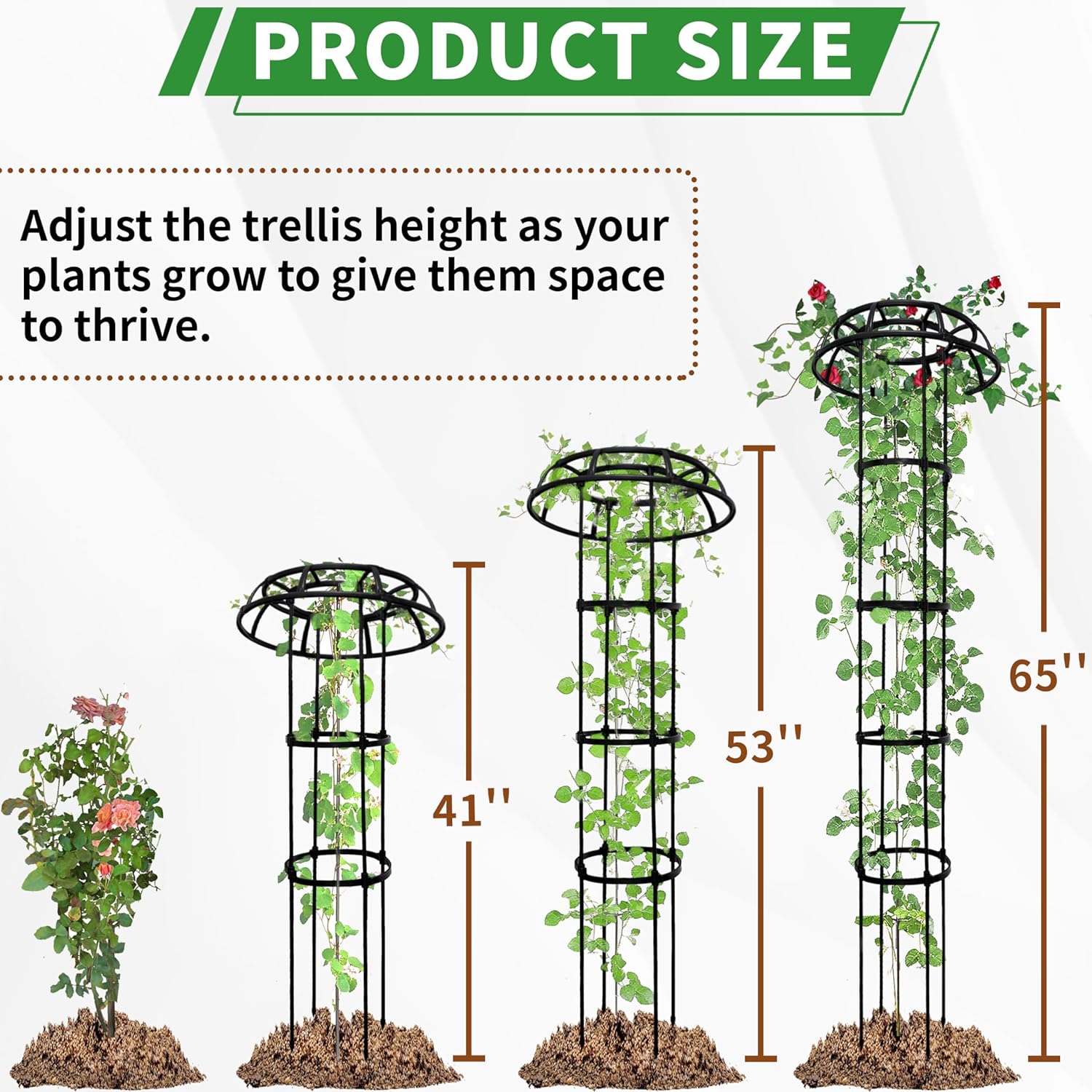 2 Pack Umbrella Trellis for Climbing Plants, 65 Inch Tall Adjustable Plant Support for Outdoor Indoor Garden, Sturdy Metal Core with Plastic Coating, Black