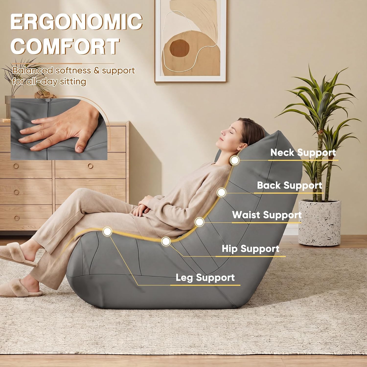 Flamaker 2-Seater Adults Bean Bag Chair, Ergonomic Floor Couch with 2 Cup Holders, Oversized Loveseat Sofa Comfy Memory Foam Fireside Chair Lazy, Leather Couch for Living Room Bedroom (Grey)