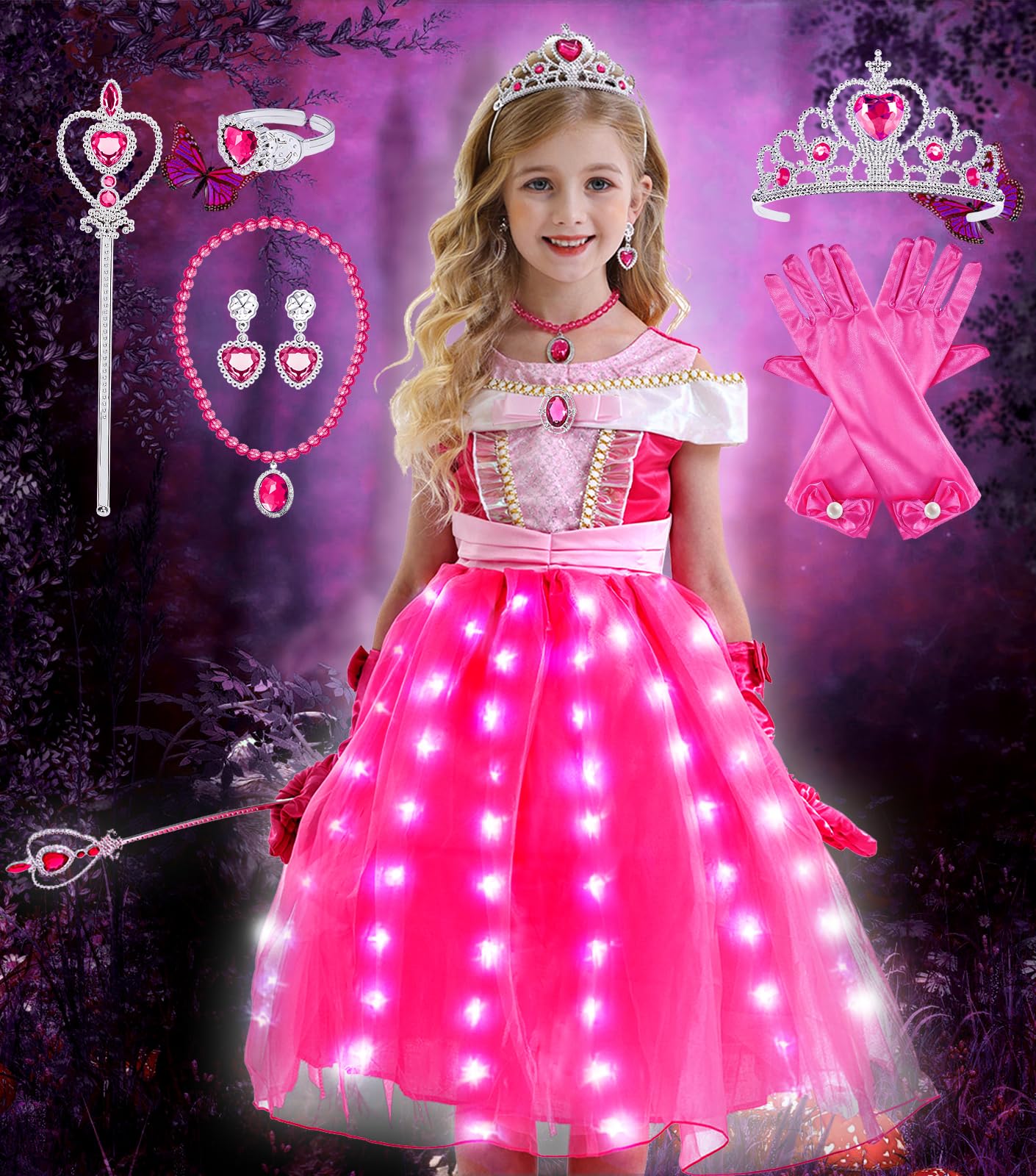 Tacobear LED Disfraz Princesa Vestido Princesa Aurora Rosa Traje Bella Durmiente Corona Varita Hada Collar Pendientes Anillo Guantes Disfraz Halloween Carnaval Navidad Niña Niño 2-8 años