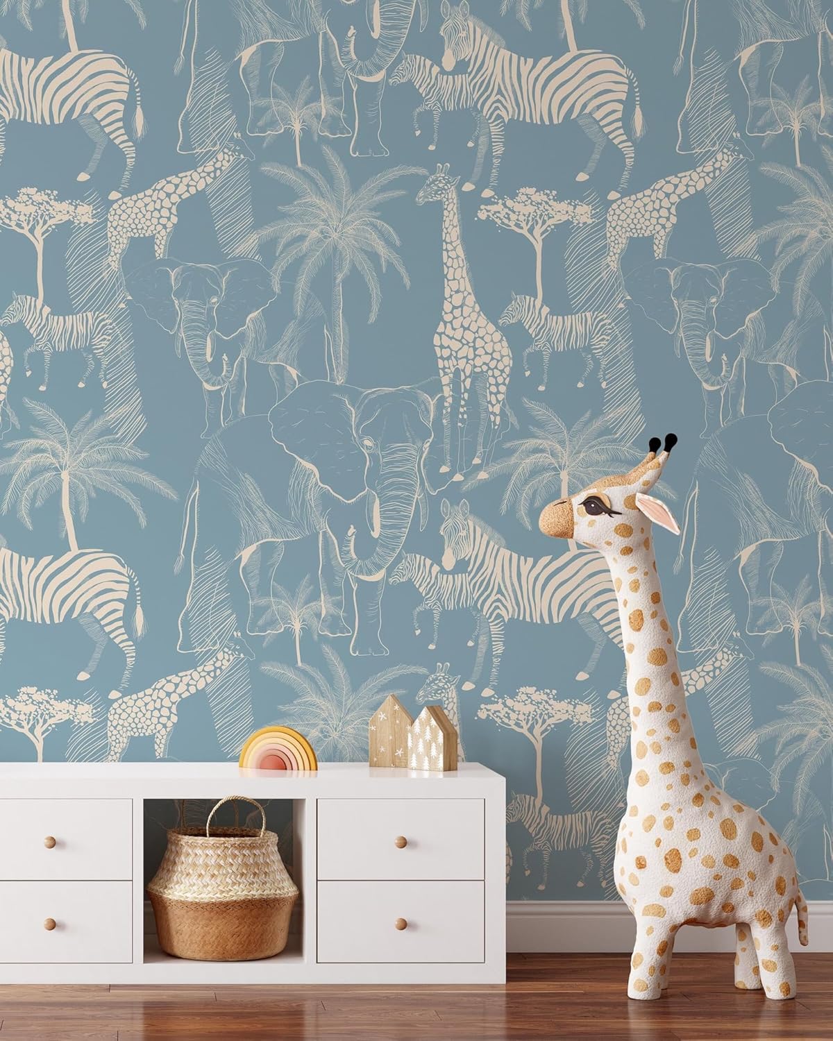 Blue Safari Animals Wallpaper | Removable Self Adhesive Jungle Animals Wallpaper | Peel and Stick Wallpaper (1 roll 24" W x 96" H)