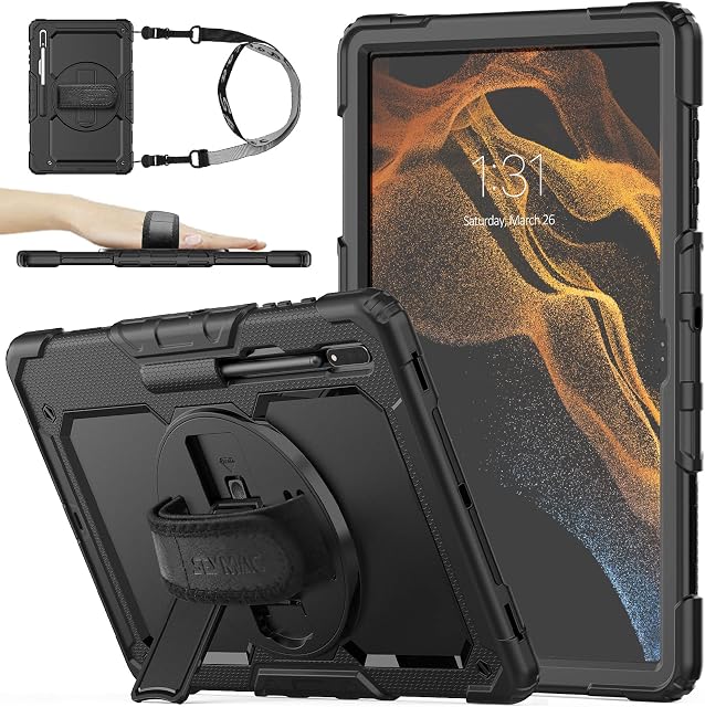 SEYMAC stock for Samsung Galaxy Tab S8 Ultra Case 14.6'' with Screen Protector Pen Holder [360 Rotating Hand Strap] & Stand, Heavy Duty Case for Samsung Galaxy Tab S8 Ultra 2022 SM-X900/X906 (Black)