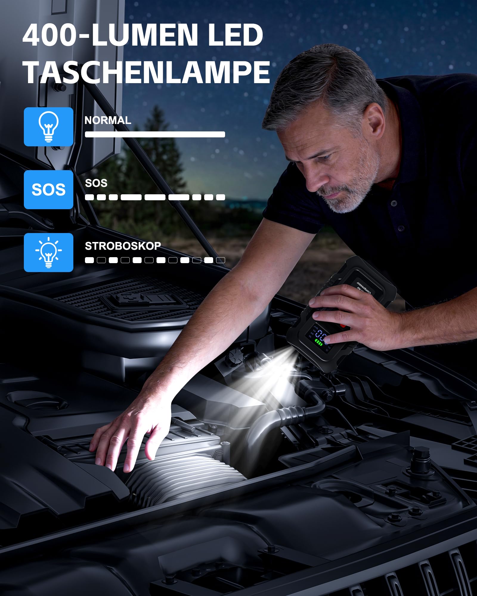 Povasee Starthilfe Powerbank für Pkw mit Kompressor 150 PSI, 6000A Starter Powerbank mit Elektrische Luftpumpe, 12V Auto Starthilfe (10L Benzin/8L Diesel), Jump Starter mit Taschenlampe (Rot)