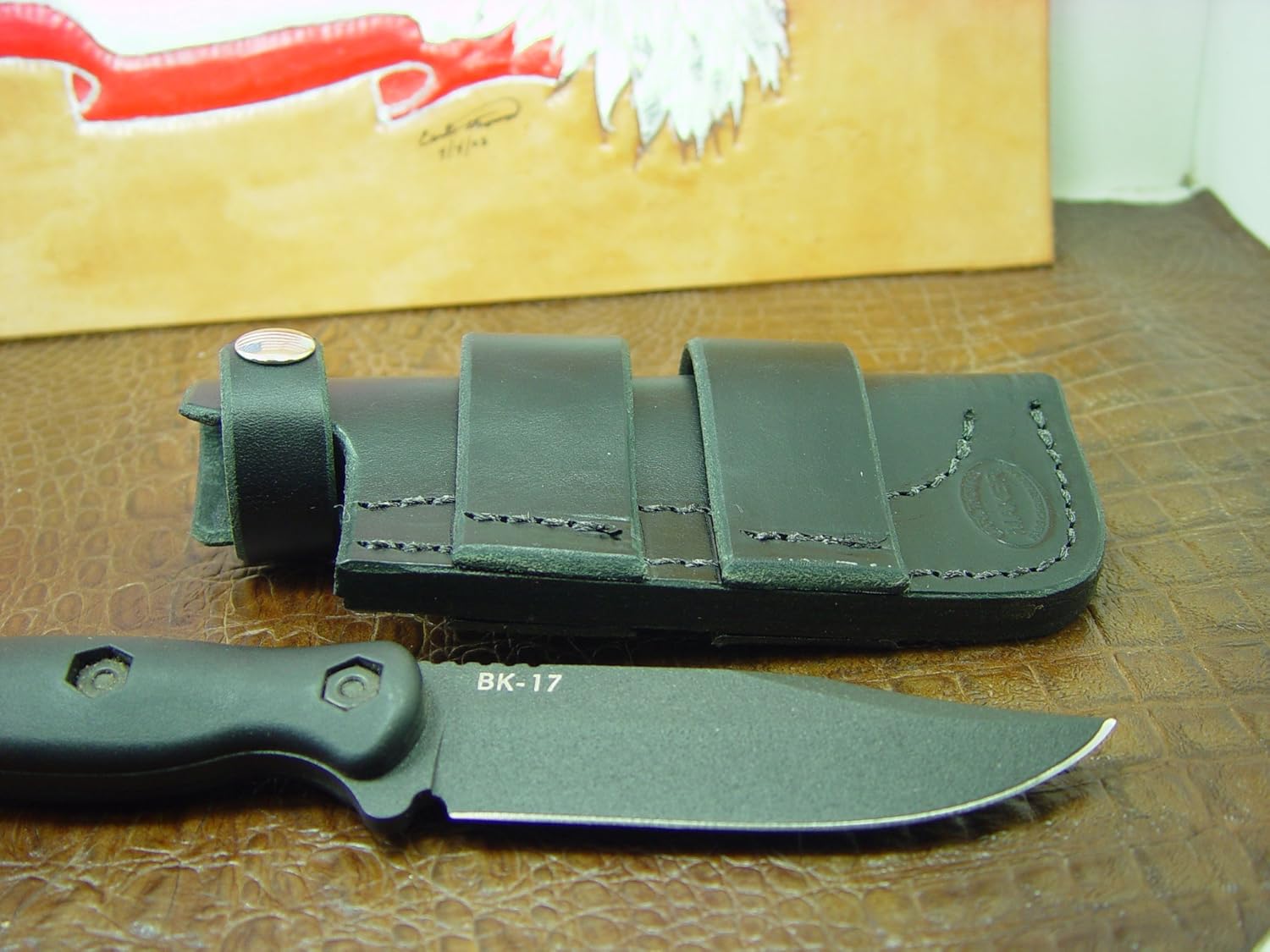 Custom BK 17 Horizontal LEATHER knife sheath worn Horizontally in BLACK. A lot of leather for the price.