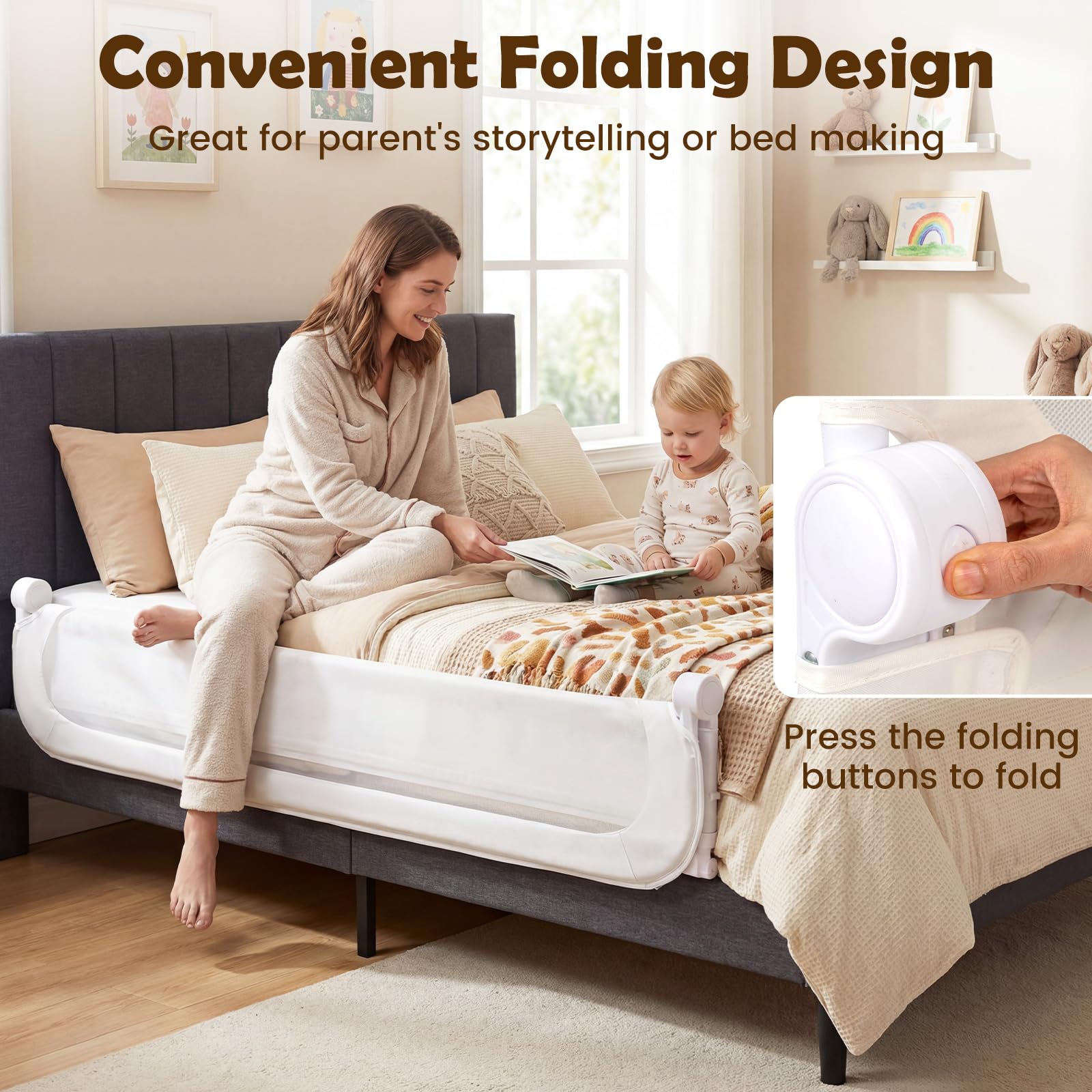 FANTASK Bettgitter klappbar, Kinderschutzgitter mit U-förmigem Gestell & Gurt, Bettschutzgitter mit abnehmbarem Oxford-Bezug, Rausfallschutz für Kinderbett Elternbett Boxspringbett (Weiß, 180 x 60 cm)