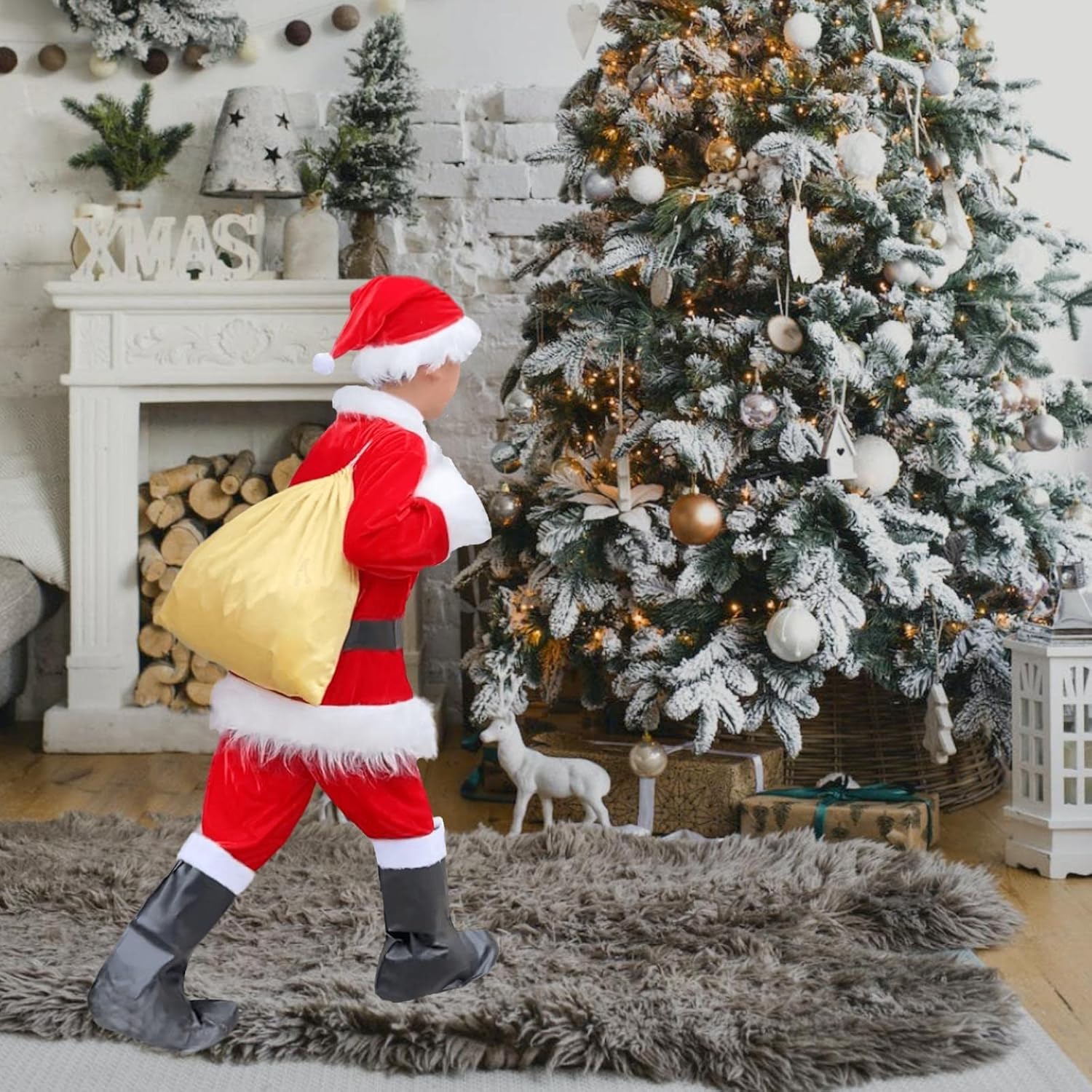 Miniatura 6 de Tangcii Disfraz de Papá Noel para niños y niños disfraz de Papá Noel de Navidad 8 piezas traje de Papá Noel para niños