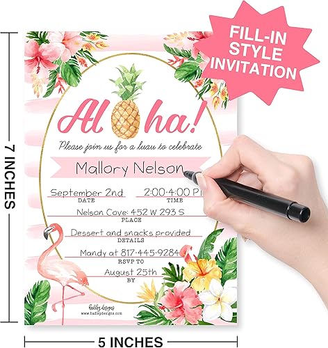 Miniatura 2 de 25 invitaciones de Luau Tiki, invitaciones hawaianas para fiestas en la piscina, niñas Aloha Piña Tropical Beach Flamingo invitación, verano nadar