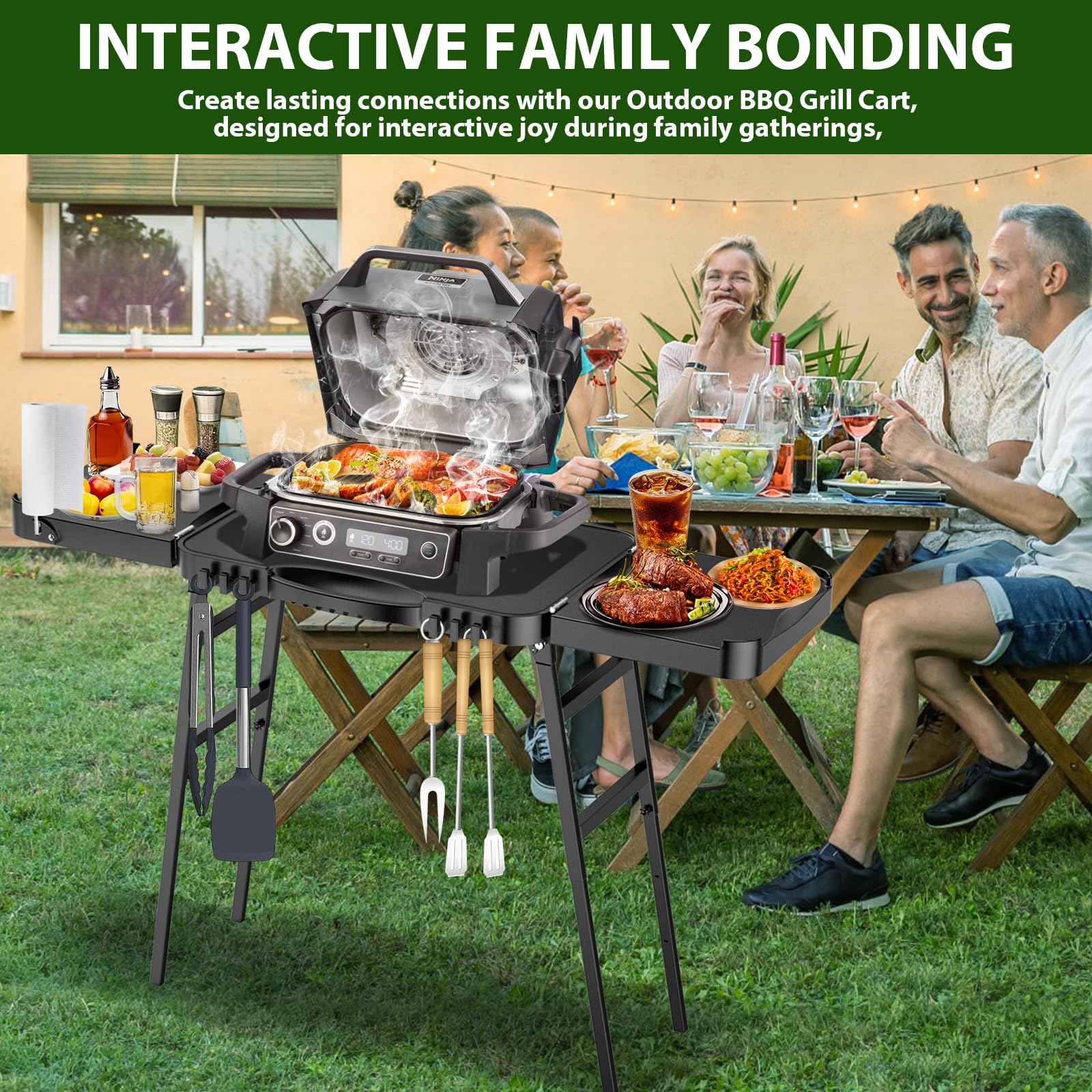 GFTIME Faltbarer Outdoor-Grillwagen für Enders Urban, Weber Q100/Q200/Q300, Ninja Woodfire, Burnhard Wayne mit großer Arbeitsfläche