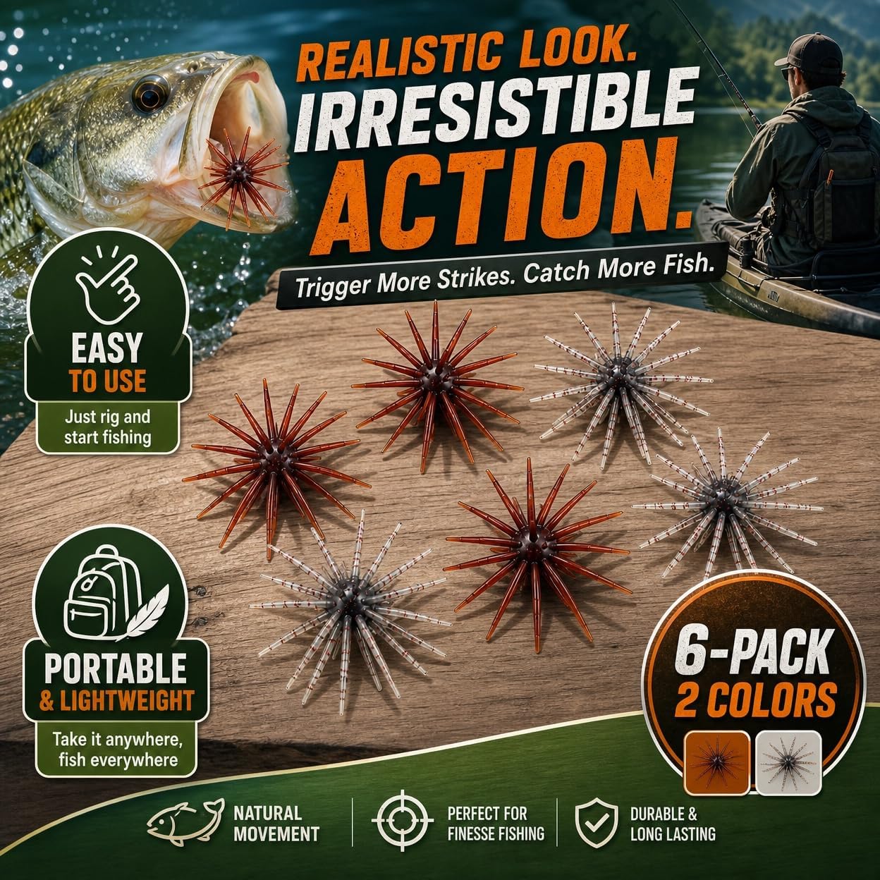 6/10 Pack Sea Urchin Bait, 4.33 Inch TPE Soft Bait for Bass Fishing | 6/10 pack 4.33-inch TPE sea urchin soft baits in Flashing Red and Flashing Brown with multi-tentacle profiles for bass
