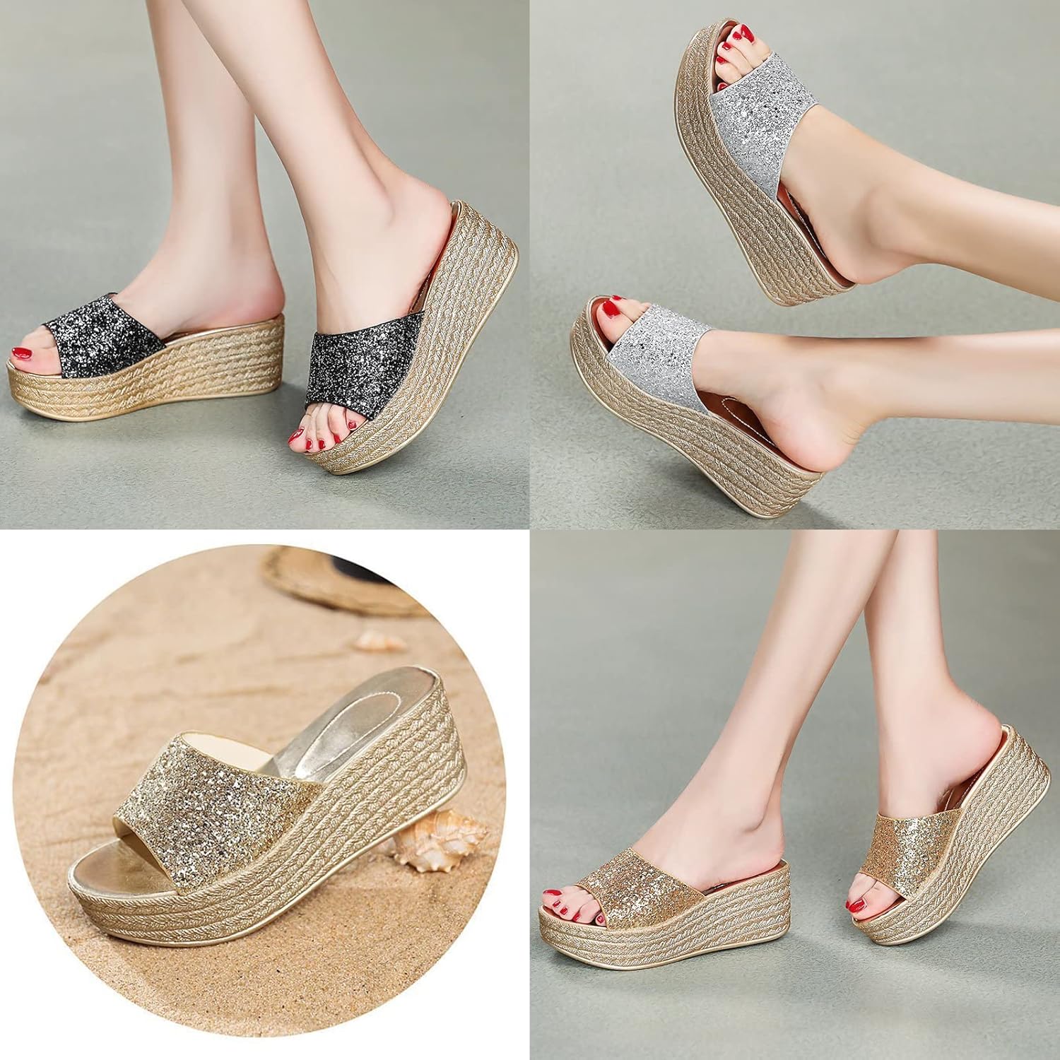 Lymphvity Women's Crystal Open Toe Wedge Sandals Slides,Summer Fashion Outdoor Platform High Heeled Casual Dress Rhinestones Wedge Sandals - Image 5