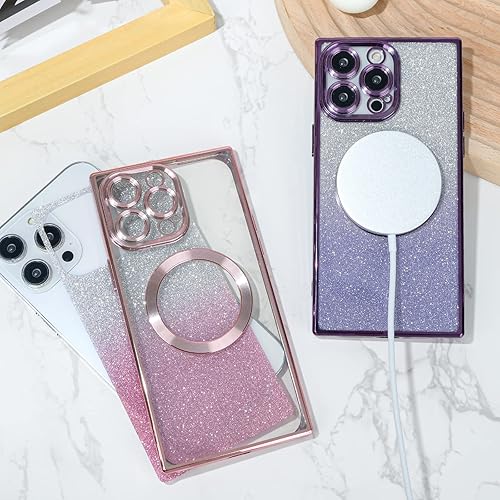 Miniatura 7 de Newseego Funda magnética para iPhone 14 Pro Max, funda cuadrada transparente de lujo con borde chapado en purpurina con MagSafe para mujeres y