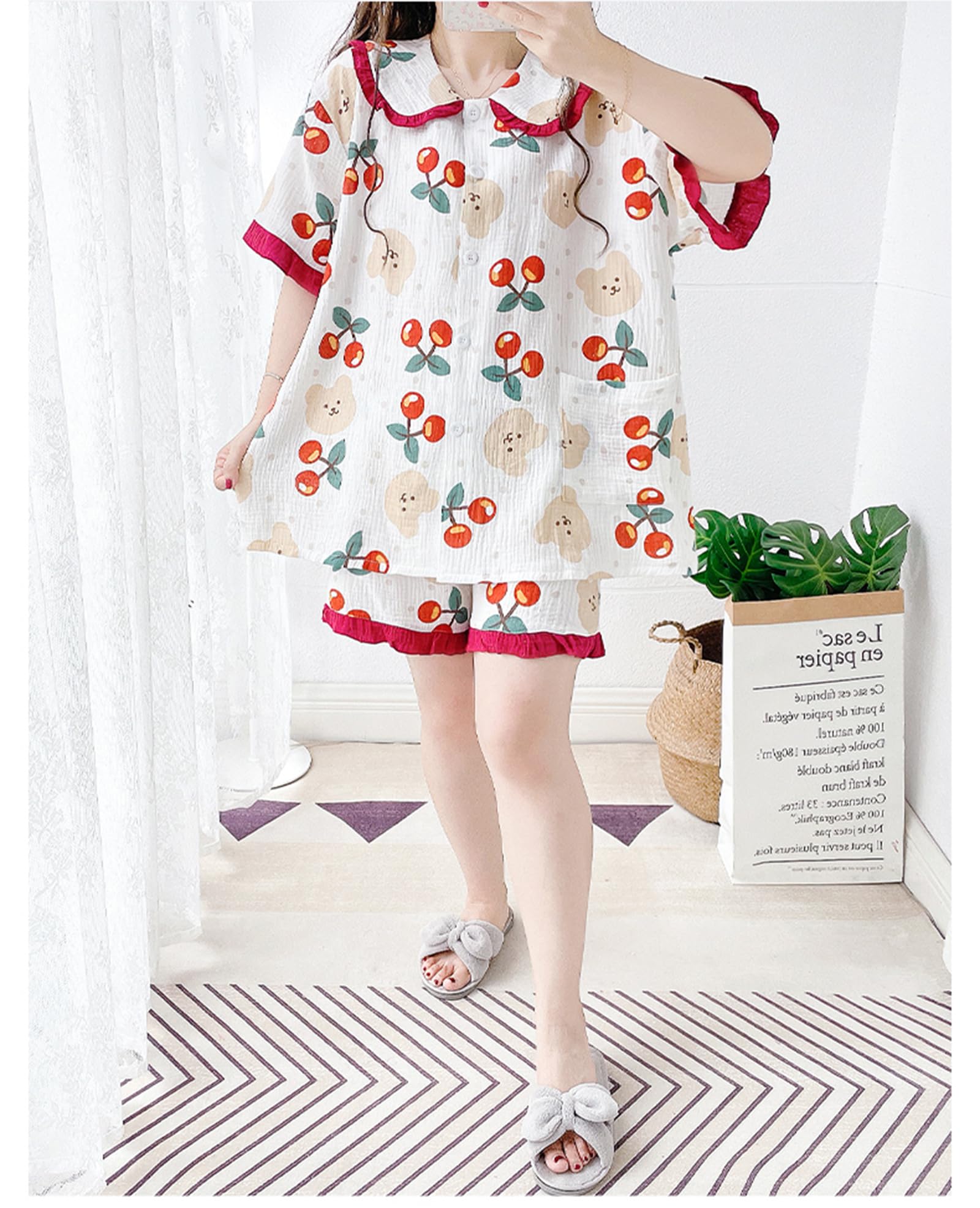 Generic Damski zestaw bawełniany piżamy 2-częściowy zestaw przycisków z krótkim rękawem Pjs Plus Size 4XL 5XL