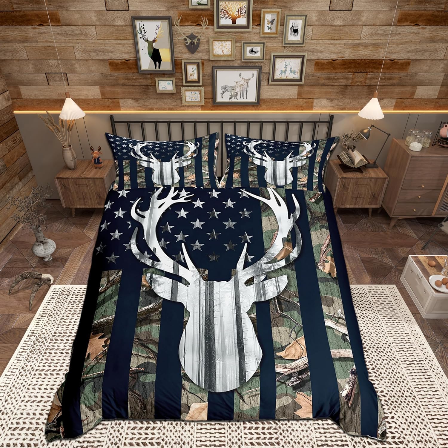 Feelingyou Boys Green Camo Camo American Flag Duvet Cover Single, Grey Deer And Trees Silhouette Natural Style Comforter Cover With 1 Pillow Sham, 2 Piece, Usa Flag Uflage Bedding Sets For Kids
