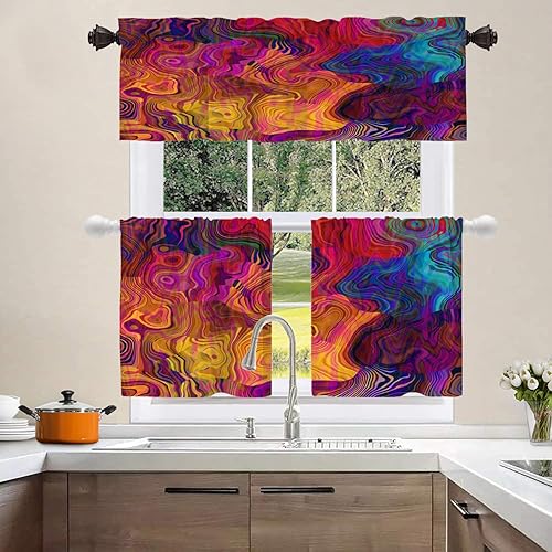 Miniatura 2 de Shrahala Cenefas de cocina de arte abstracto rojo, cortinas coloridas de media ventana, tratamiento de ventana de poliéster multicapa para sala de