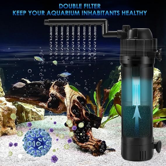 Internal Fish Tank Filter, 5 in 1 Adjustable Aquarium Filter Pump with UV Steriliser, Ultra Silent Biochemical Filtration Pump, 650 L/H Water Pump Aquarium Filter Fit for 100-300L Fish Tank Aquariums